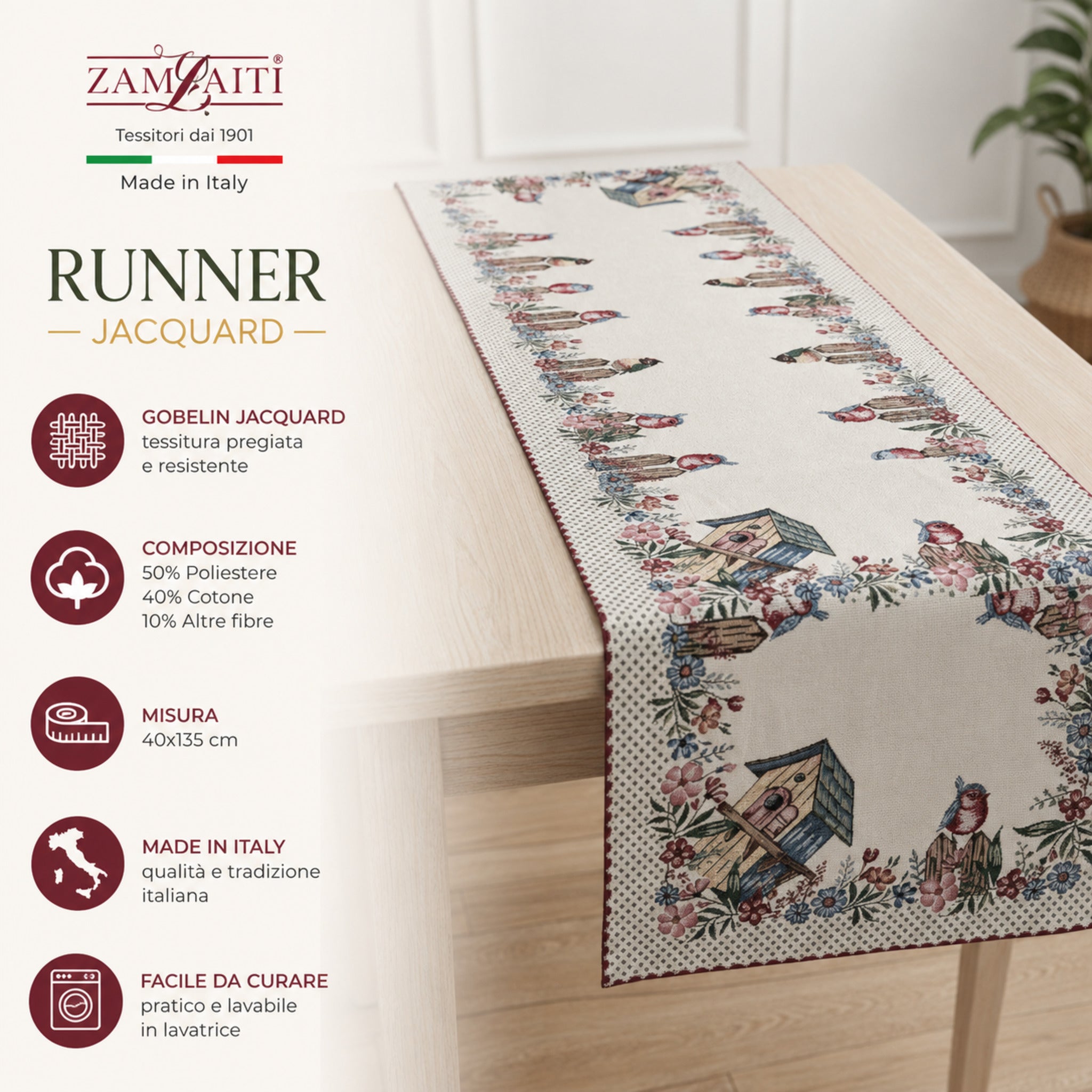 Infografica runner da tavola gobelin jacquard Zambaiti 40x135 cm Made in Italy