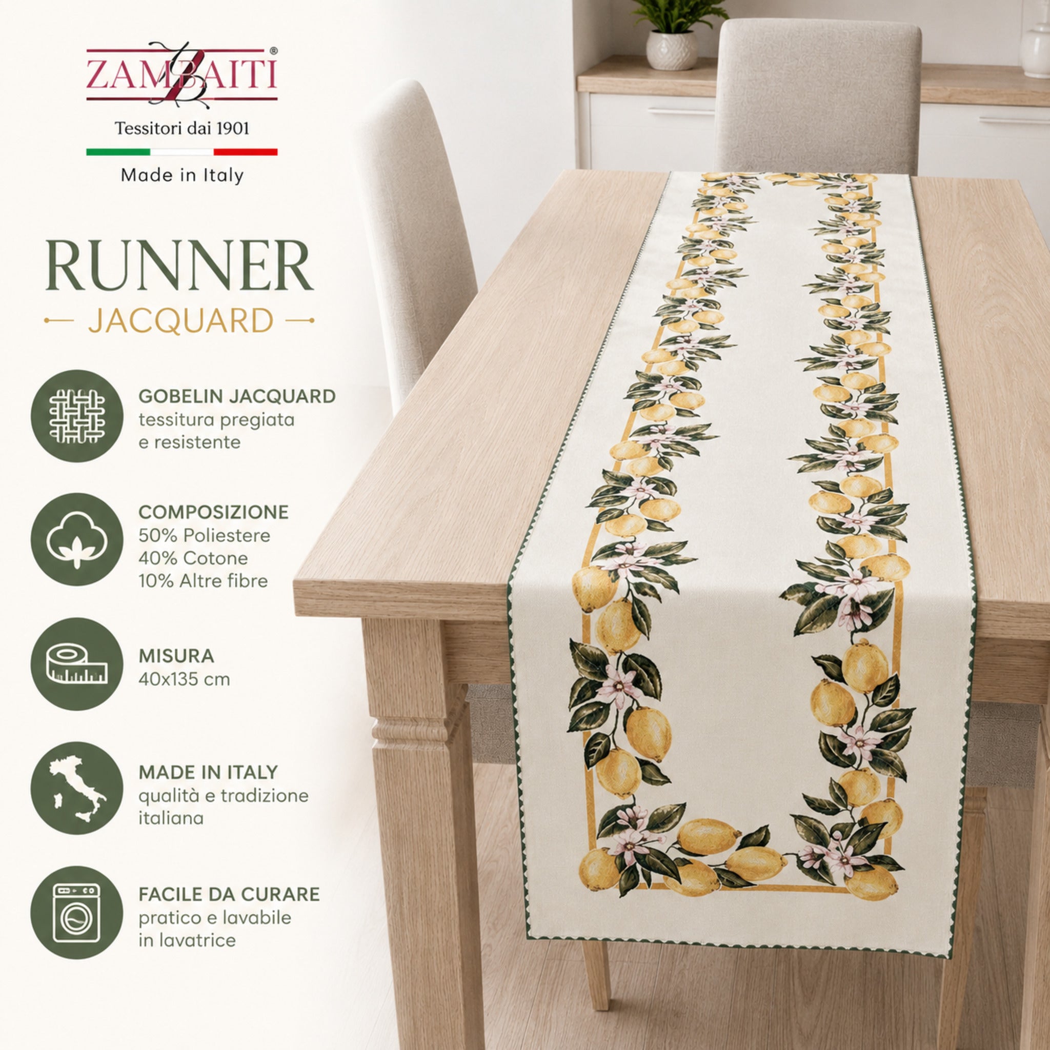 Infografica runner da tavola gobelin jacquard Zambaiti 40x135 cm Made in Italy