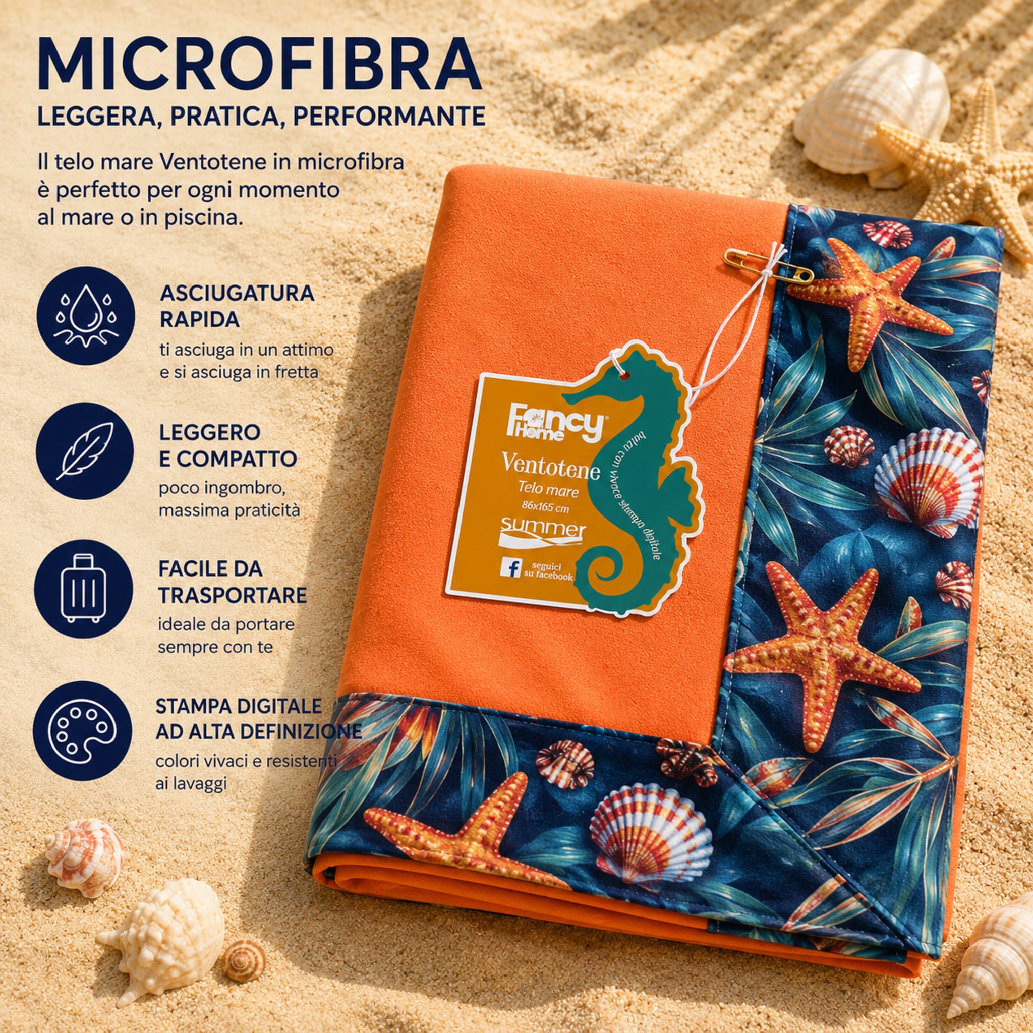 Infografica telo mare arancione Fancy Home Ventotene resistente e compatto