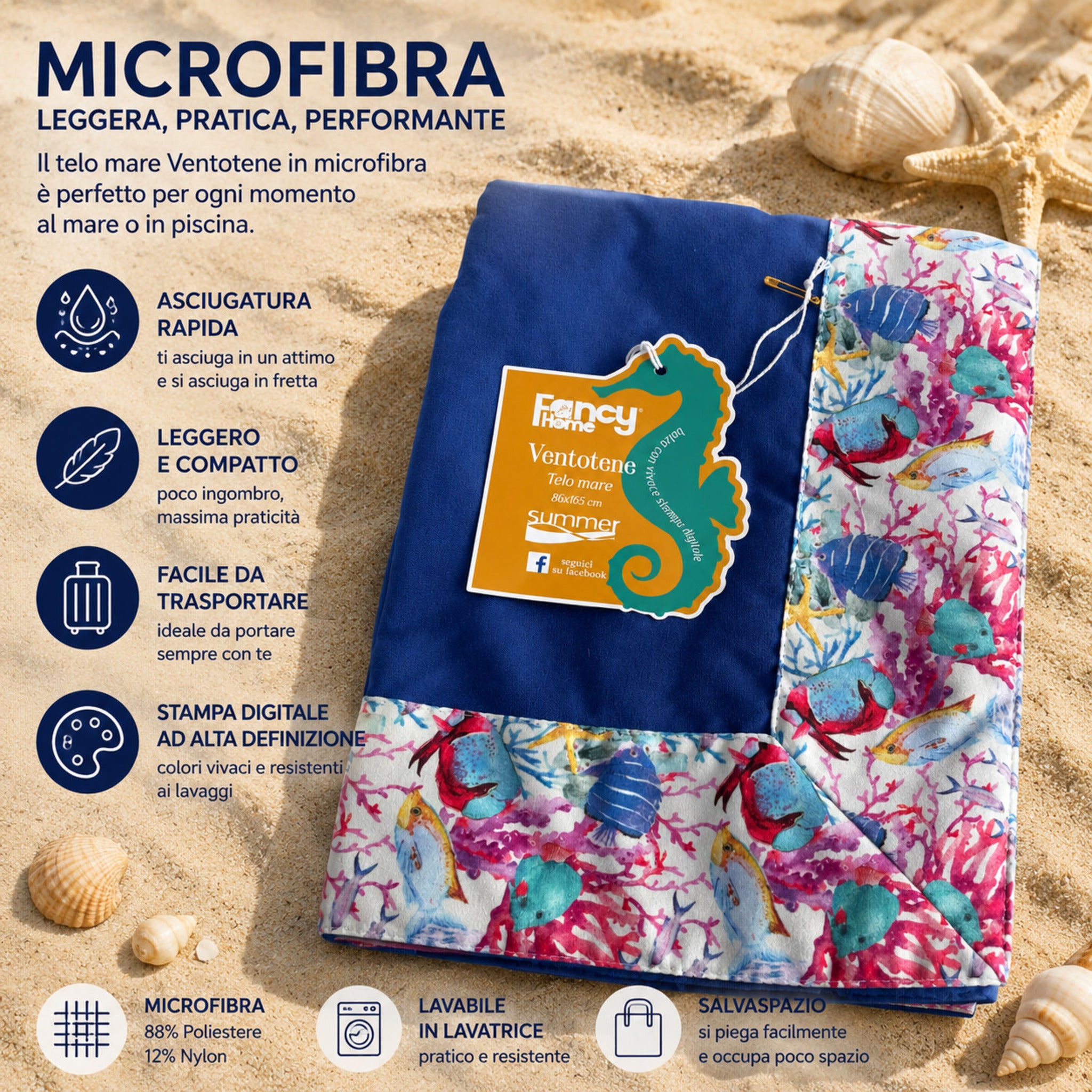 Infografica telo mare blu marino Fancy Home Ventotene con stampa digitale ad alta definizione