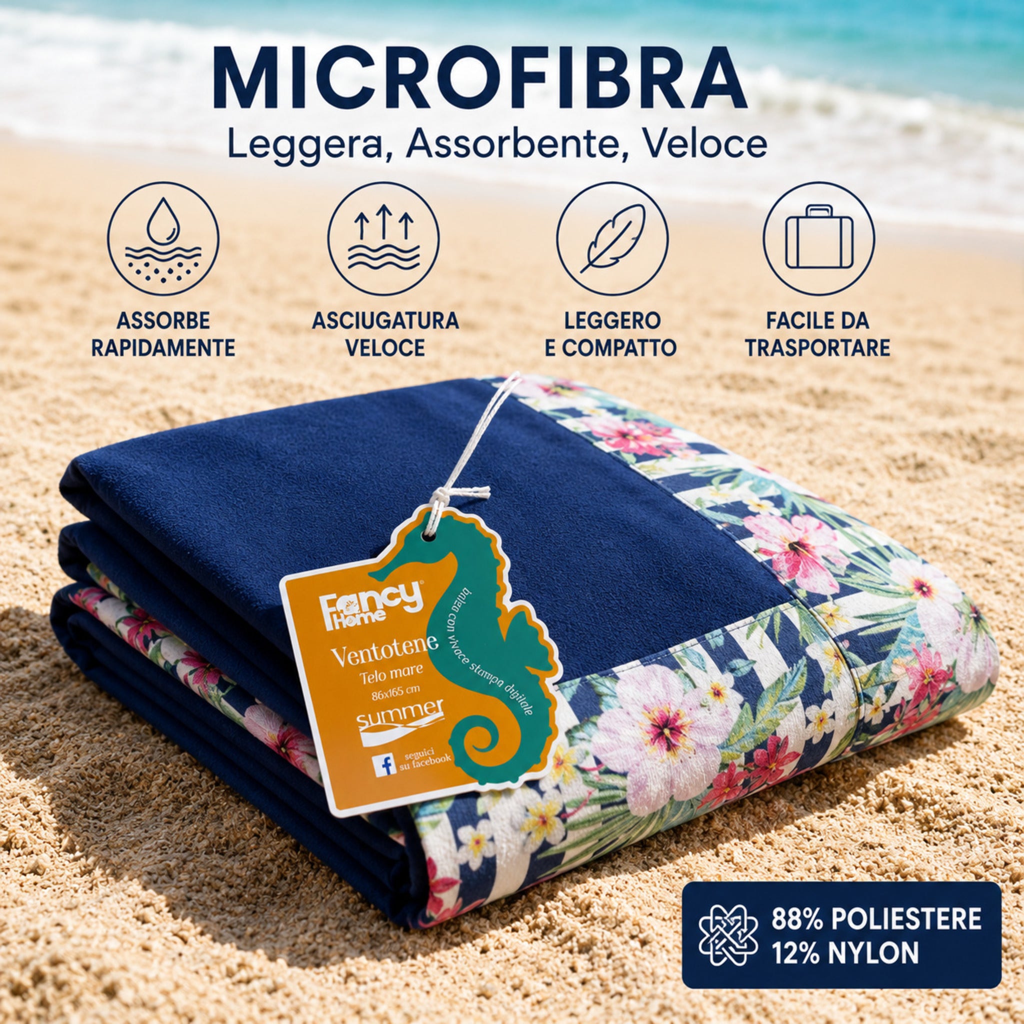 Infografica telo mare blu in microfibra Fancy Home Ventotene con asciugatura veloce