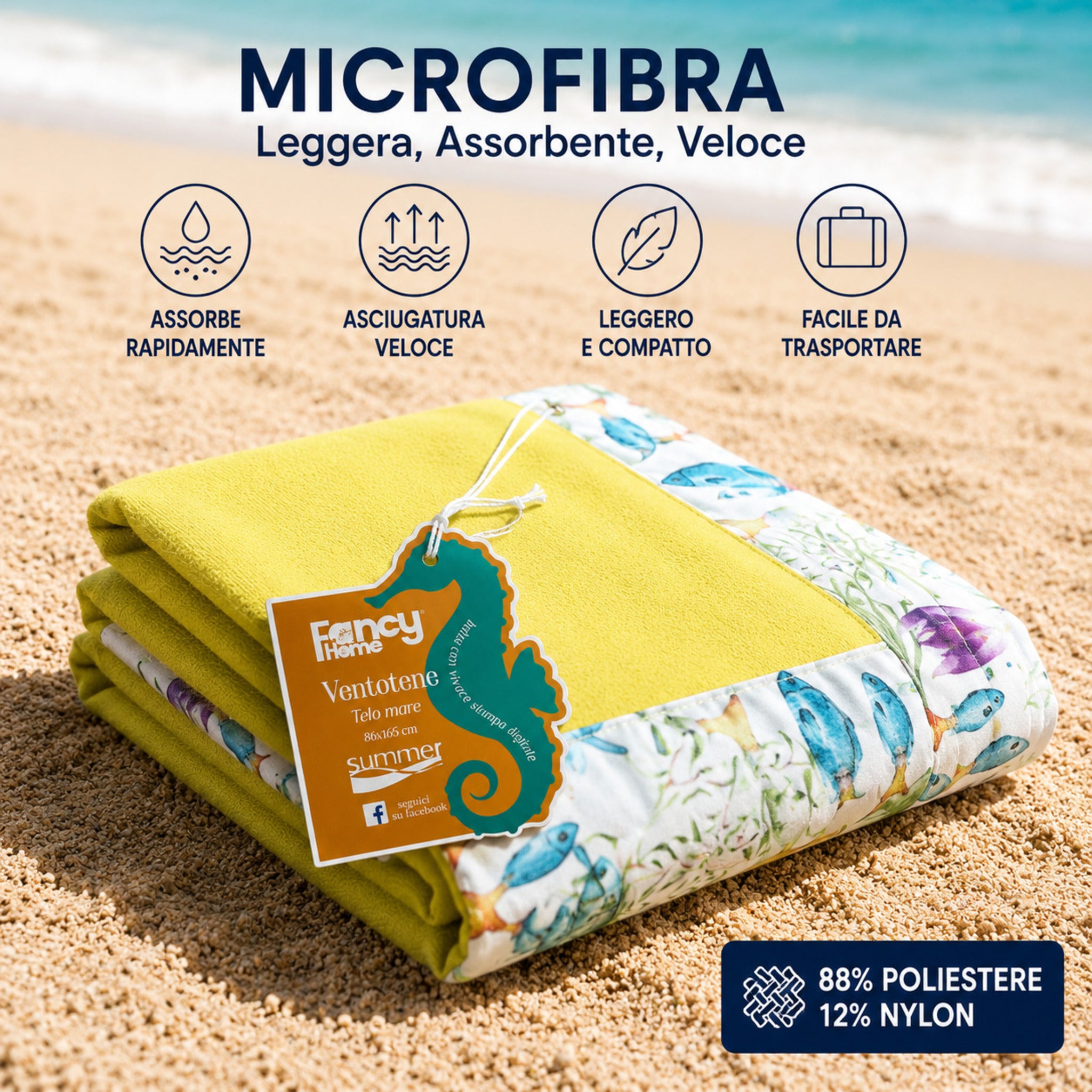 Infografica telo mare giallo Fancy Home Ventotene pratico e salvaspazio