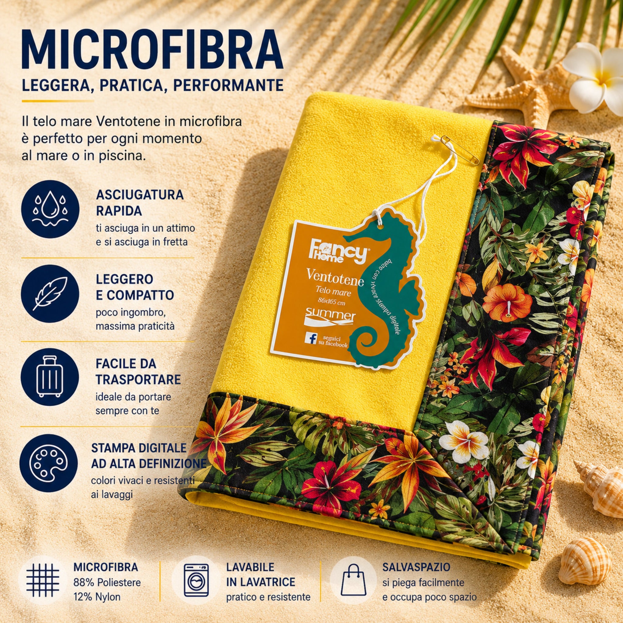 Infografica telo mare tropicale Fancy Home Ventotene in microfibra ultra soft
