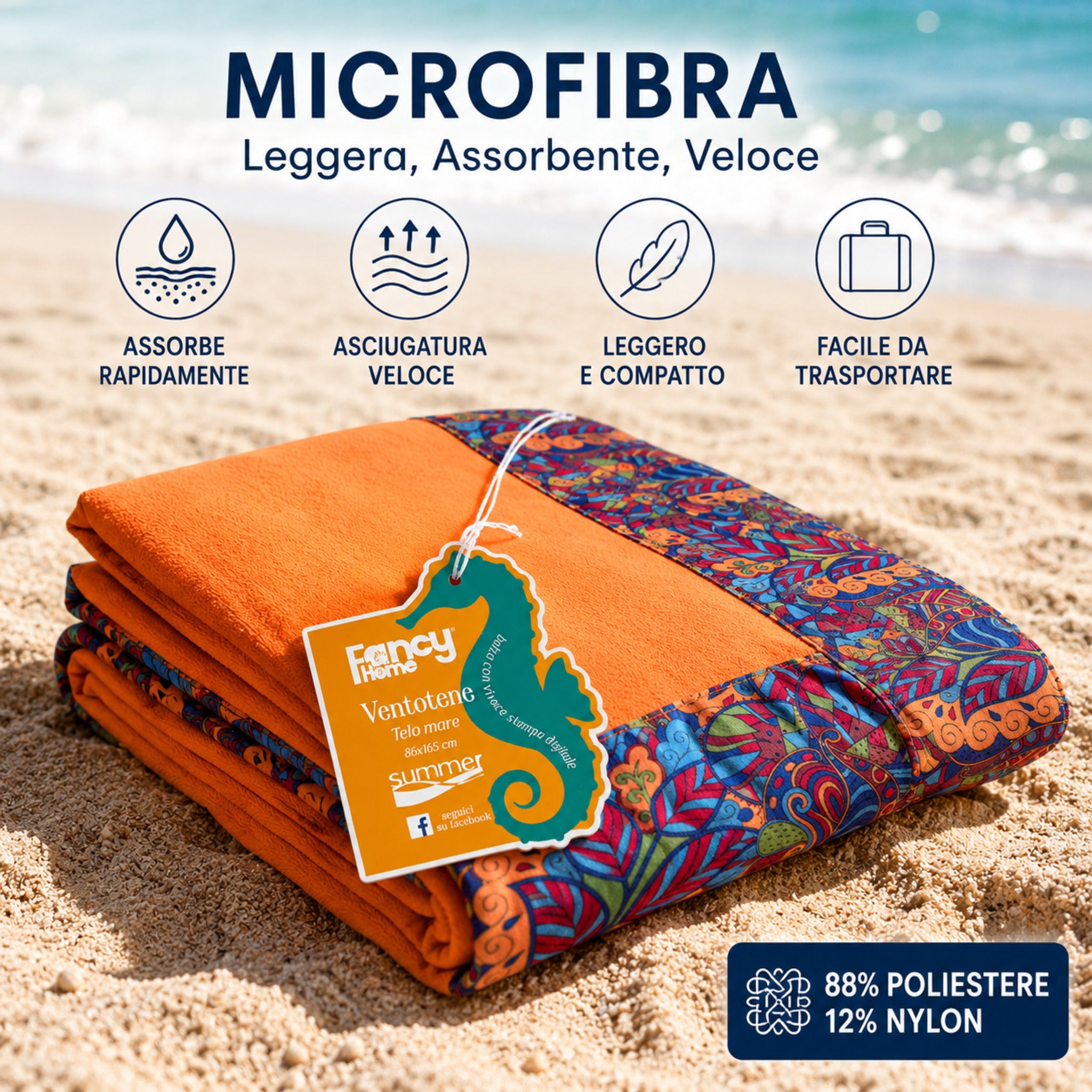 Infografica telo mare microfibra arancione Fancy Home Ventotene leggero e compatto