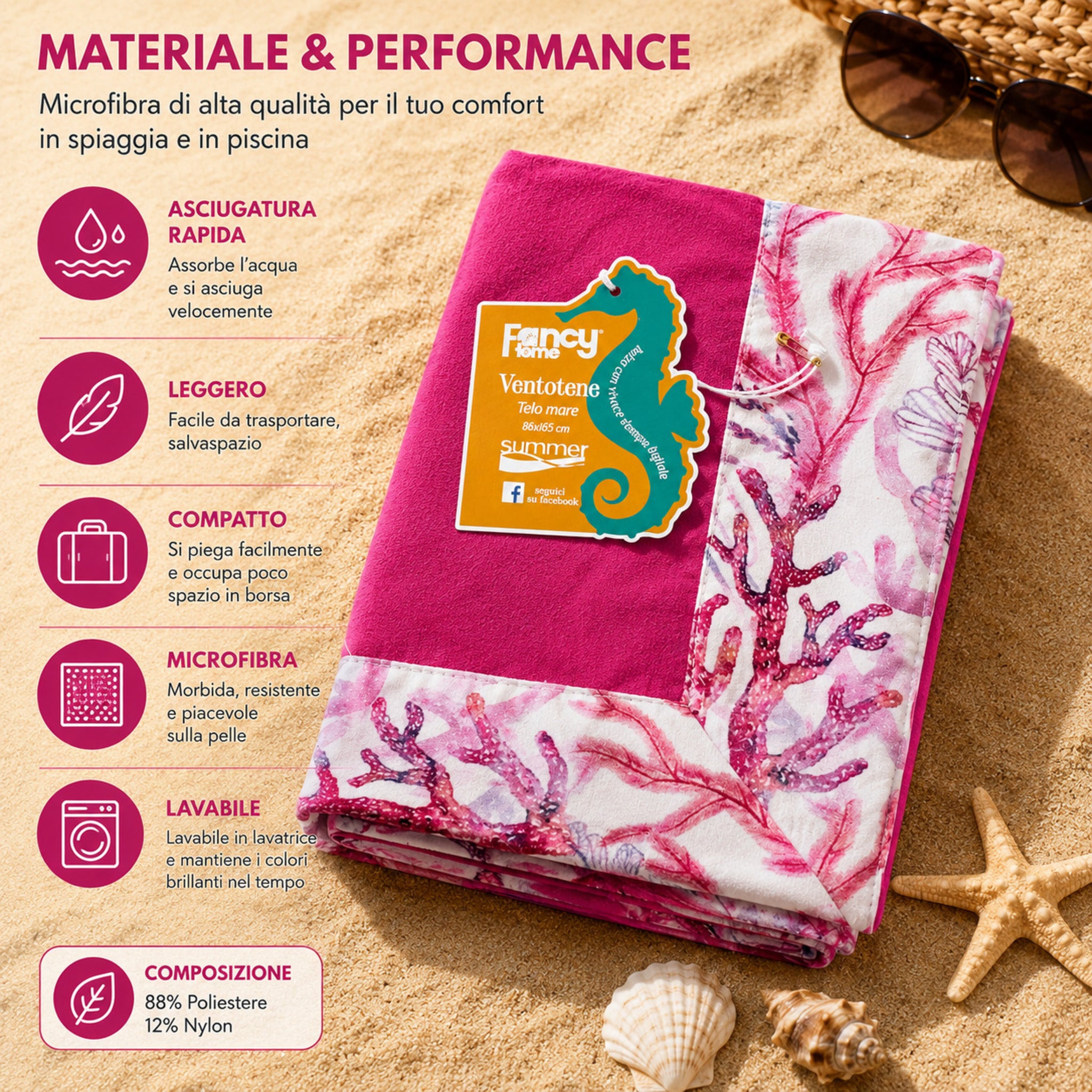 Infografica telo mare Fancy Home Ventotene in microfibra con caratteristiche asciugatura rapida e leggerezza