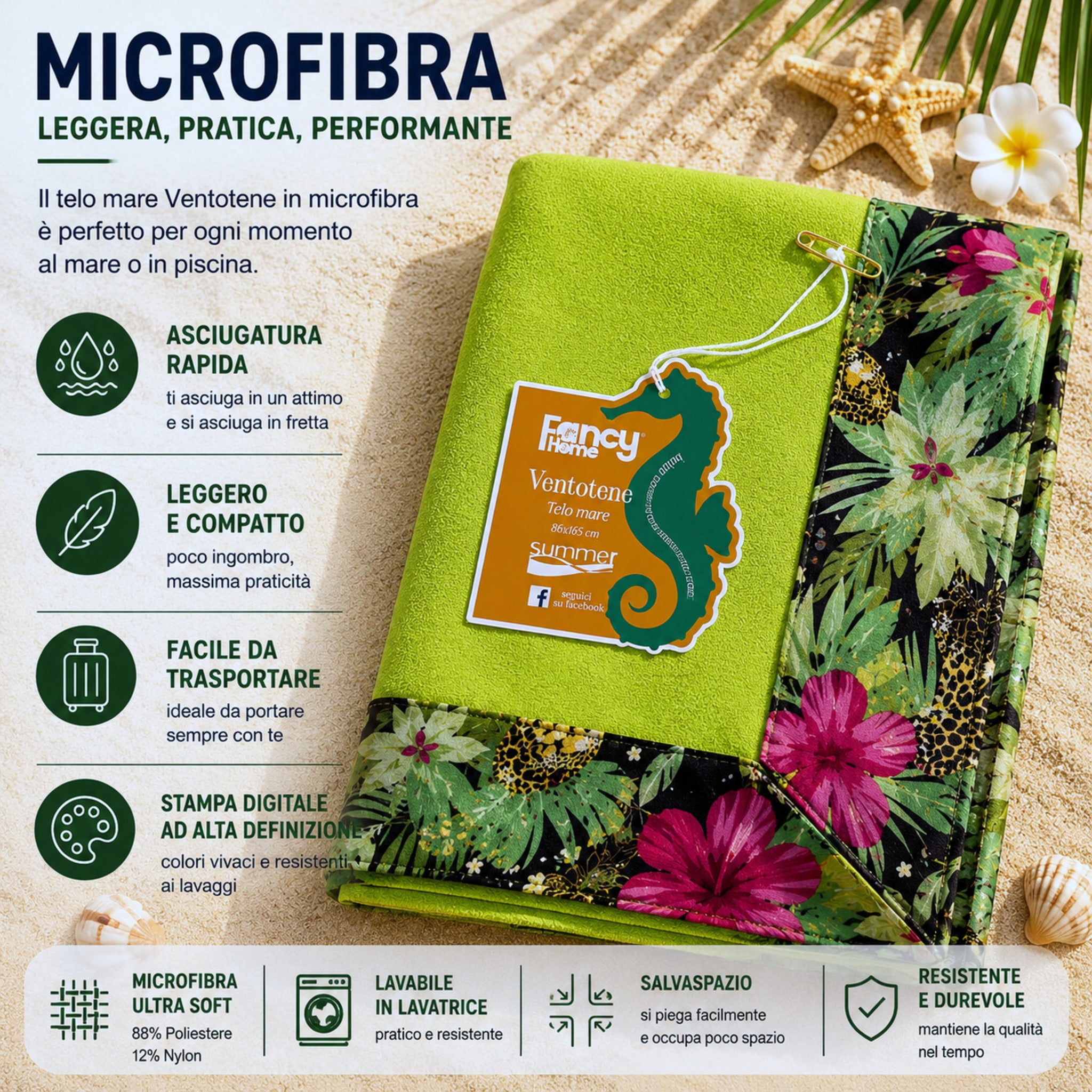 Infografica telo mare verde Fancy Home Ventotene con stampa tropicale ad alta definizione