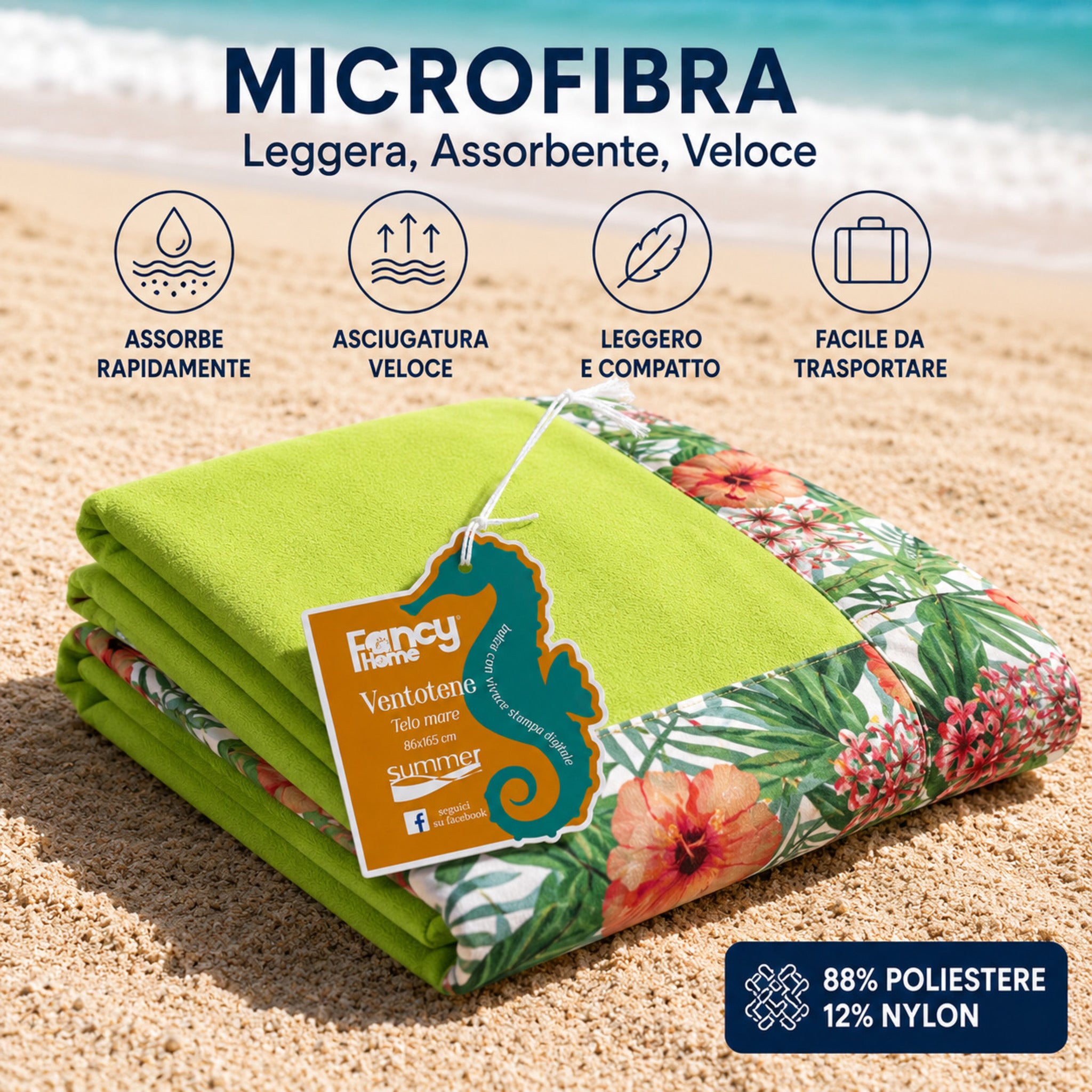 Infografica telo mare verde Fancy Home Ventotene con fantasia tropicale e microfibra soft