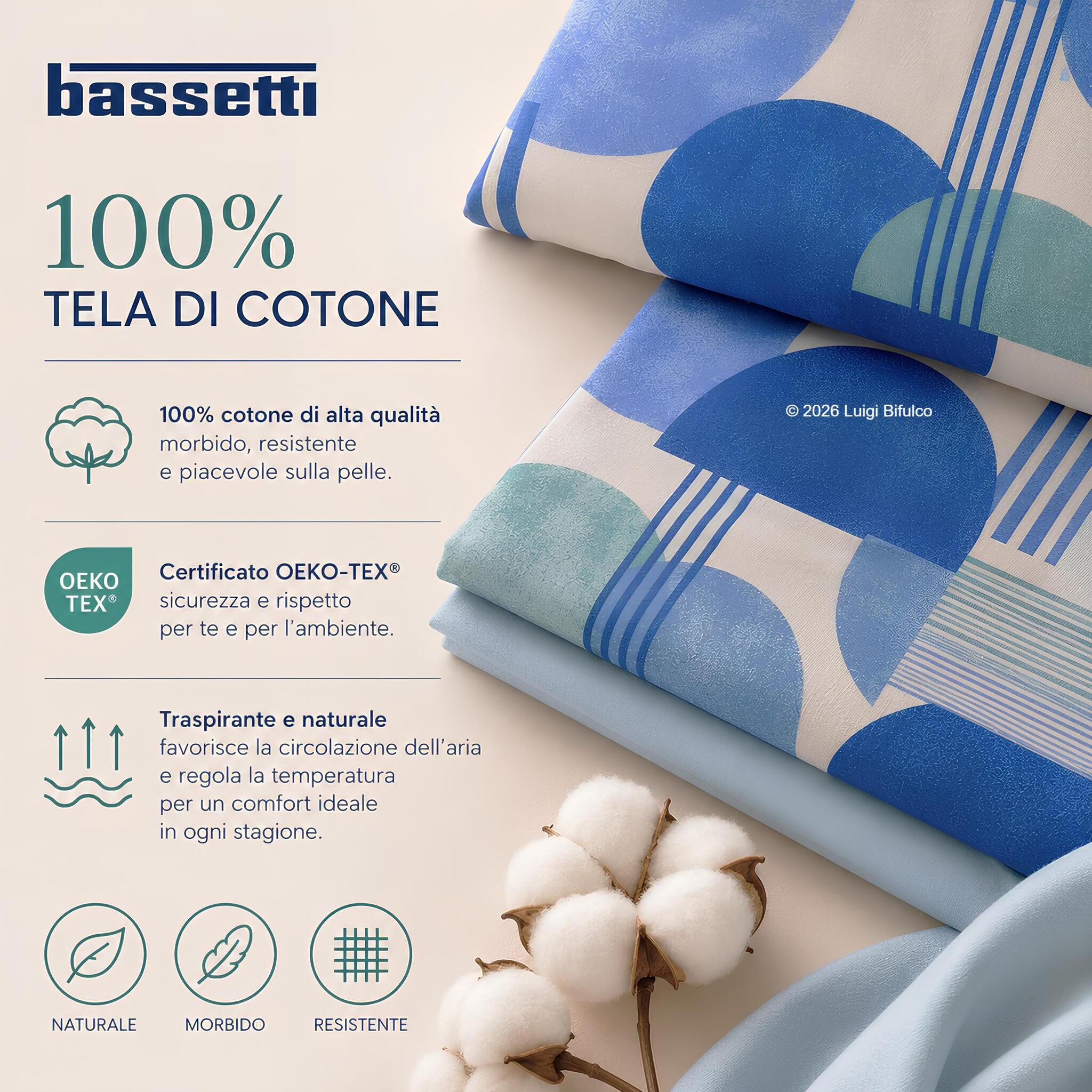 Completo lenzuola matrimoniale Bassetti Glow blu in 100% tela di cotone certificato OEKO TEX