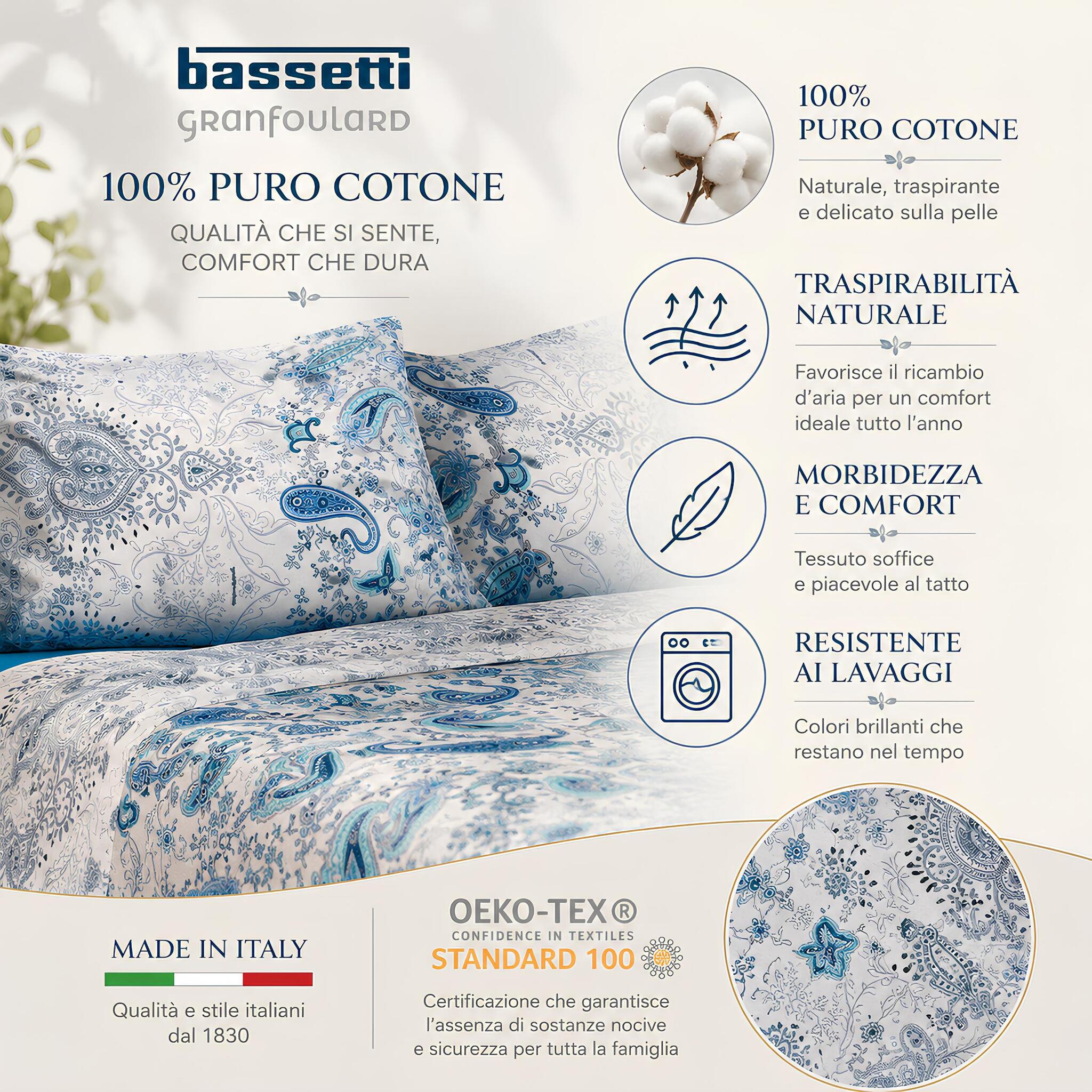 Lenzuola Bassetti Monnalisa in 100% puro cotone traspirante certificato OEKO-TEX e Made in Italy