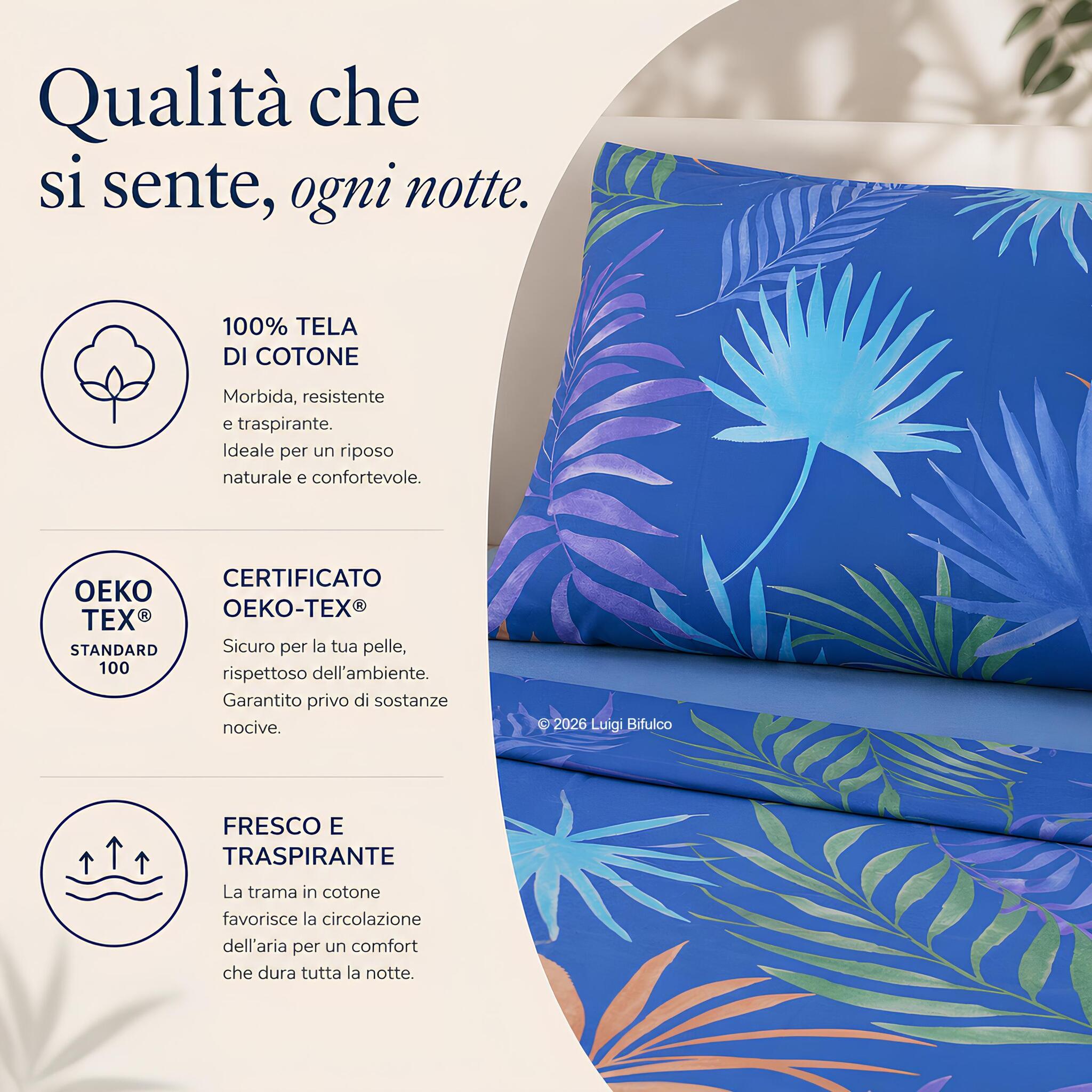 Completo lenzuola matrimoniale Bassetti Palmshade in 100% tela di cotone certificato OEKO TEX Standard 100