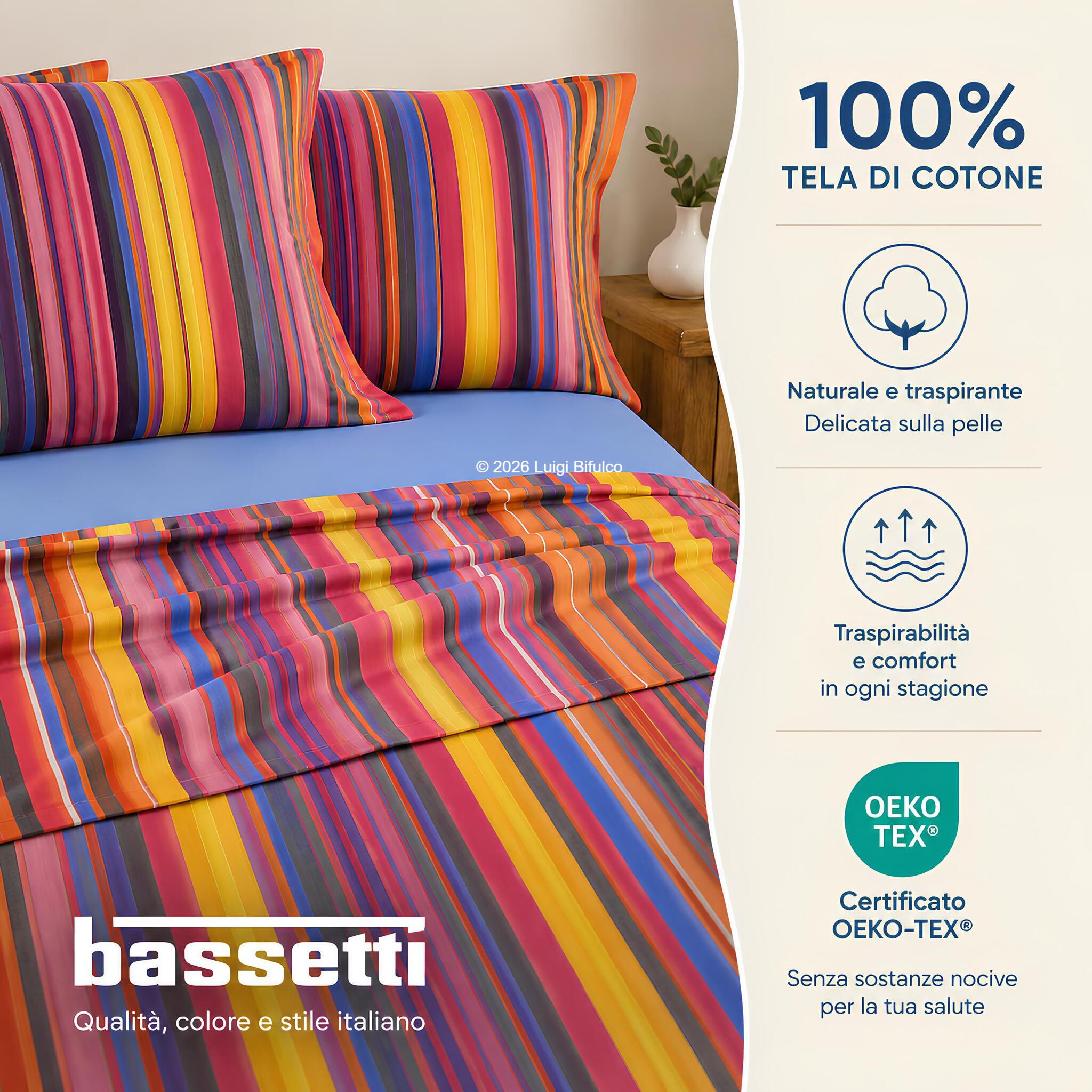 Completo lenzuola matrimoniale Bassetti Sunbed in 100% tela di cotone certificato OEKO TEX Standard 100