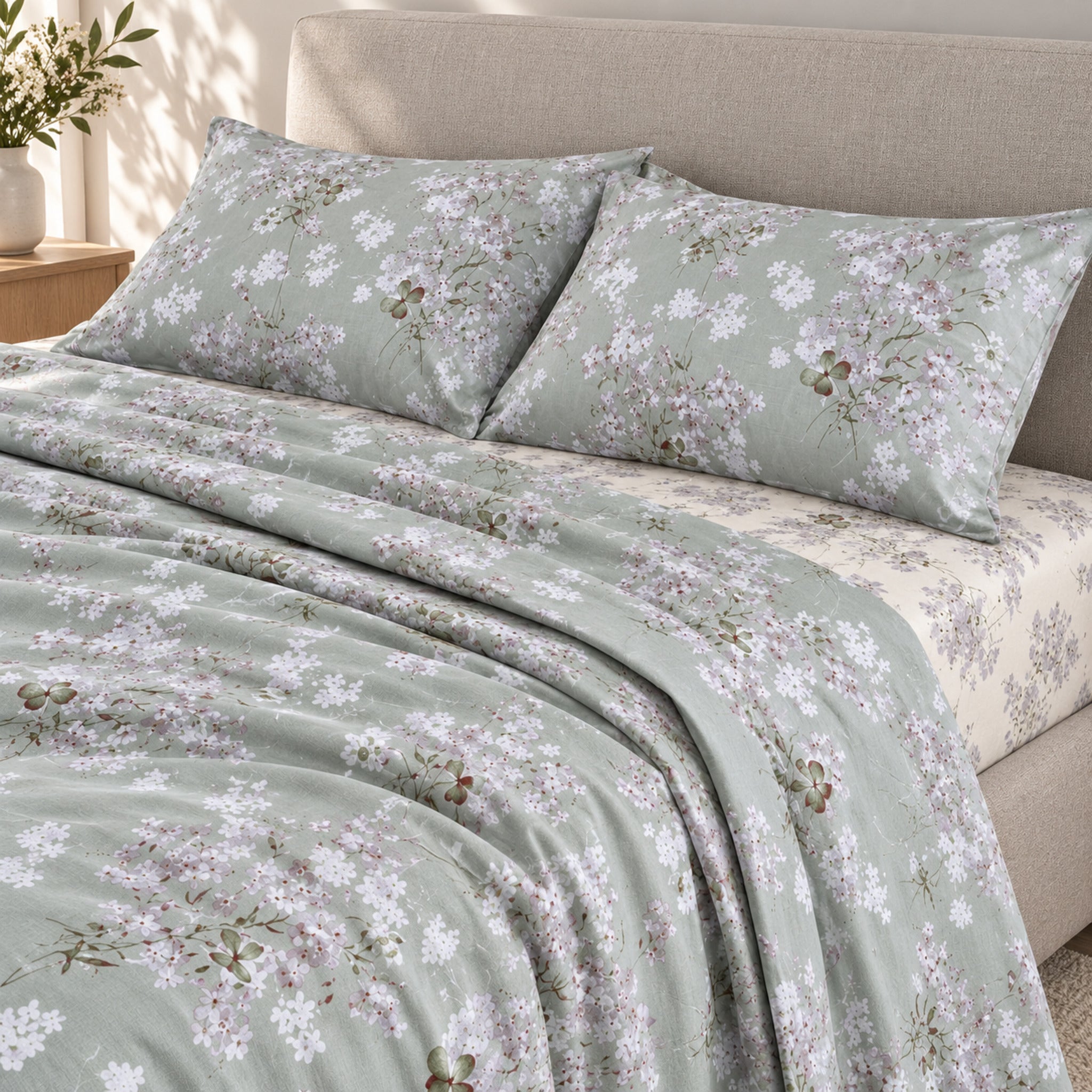 Letto matrimoniale con lenzuola Cogal 2620 Verde a piccoli fiori, federe coordinate e lenzuolo inferiore su fondo avorio.
