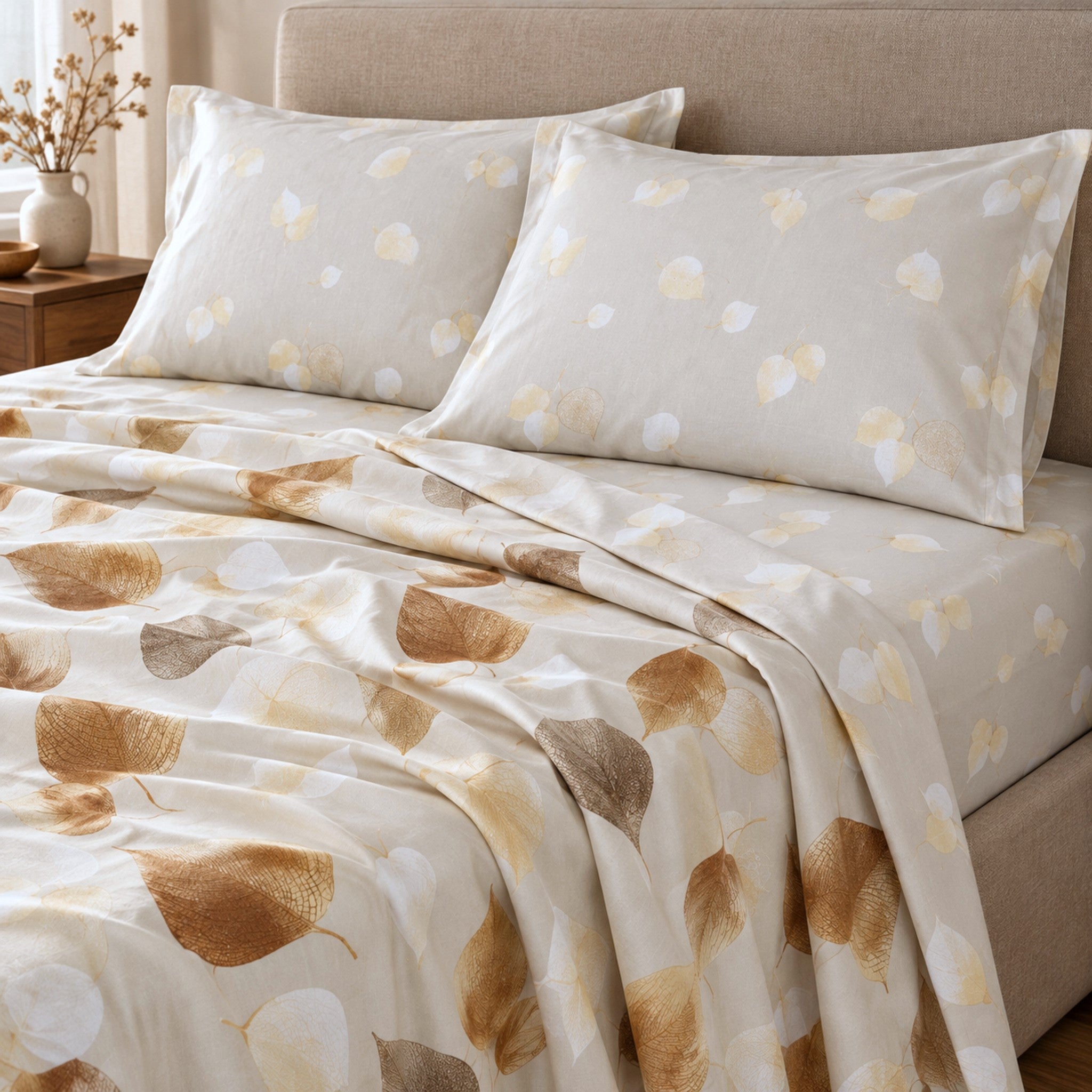 Letto matrimoniale con lenzuola Cogal 2622 Cognac, lenzuolo superiore a foglie caramello e federe con piccole foglie chiare.