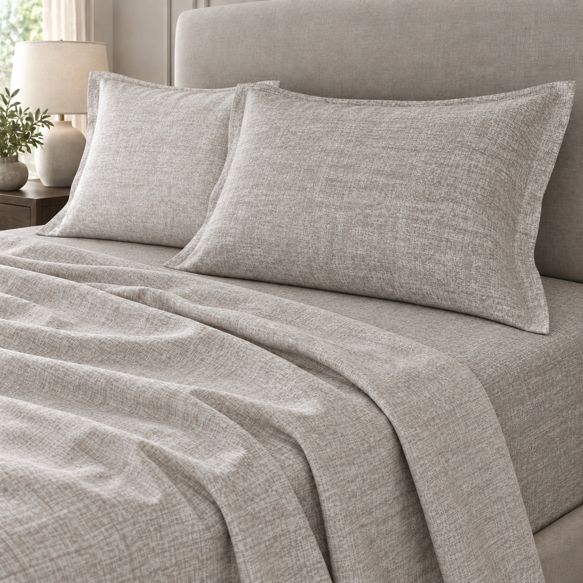 Letto matrimoniale con lenzuola Cogal 2627 Lino a microfantasia beige e tortora, con delicato abbinamento chiaro e scuro.