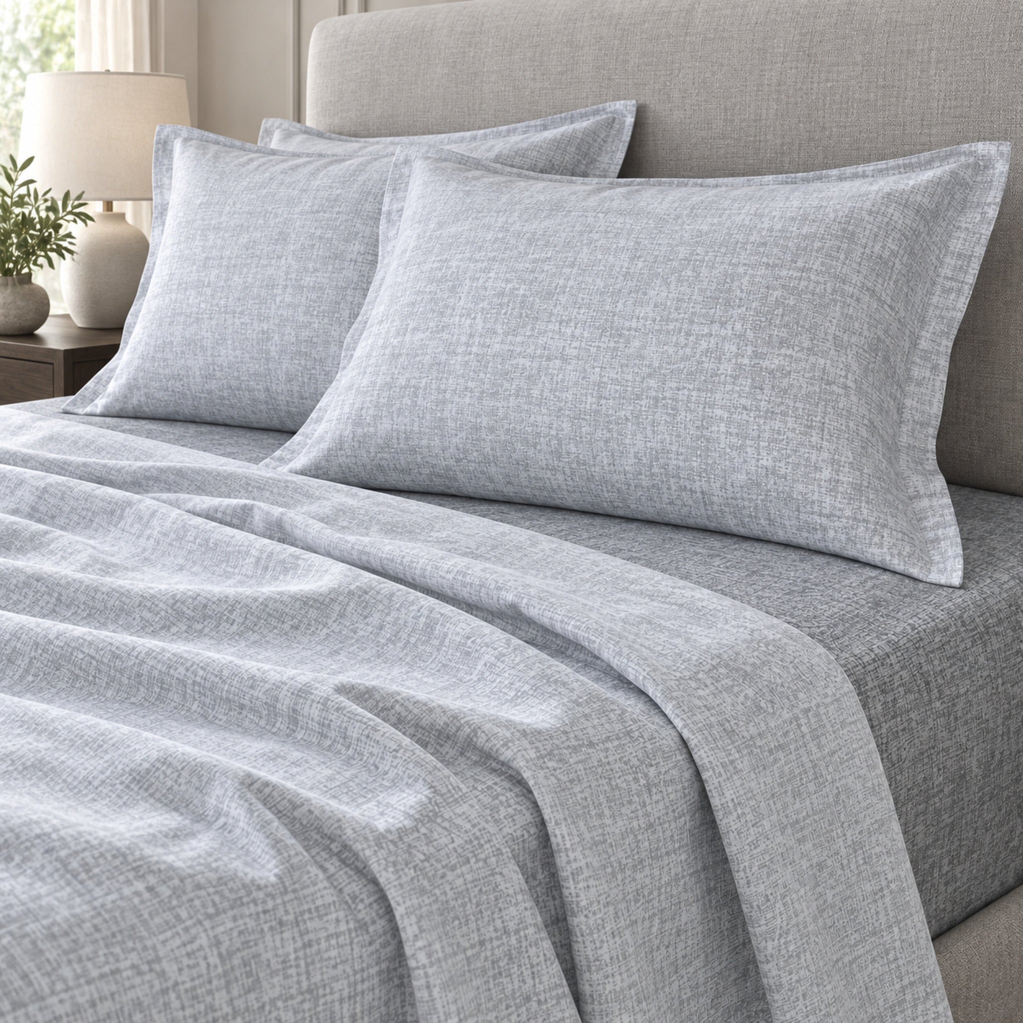 Letto matrimoniale con lenzuola Cogal 2627 Silver Grey a microfantasia, lenzuolo superiore chiaro e inferiore più scuro.