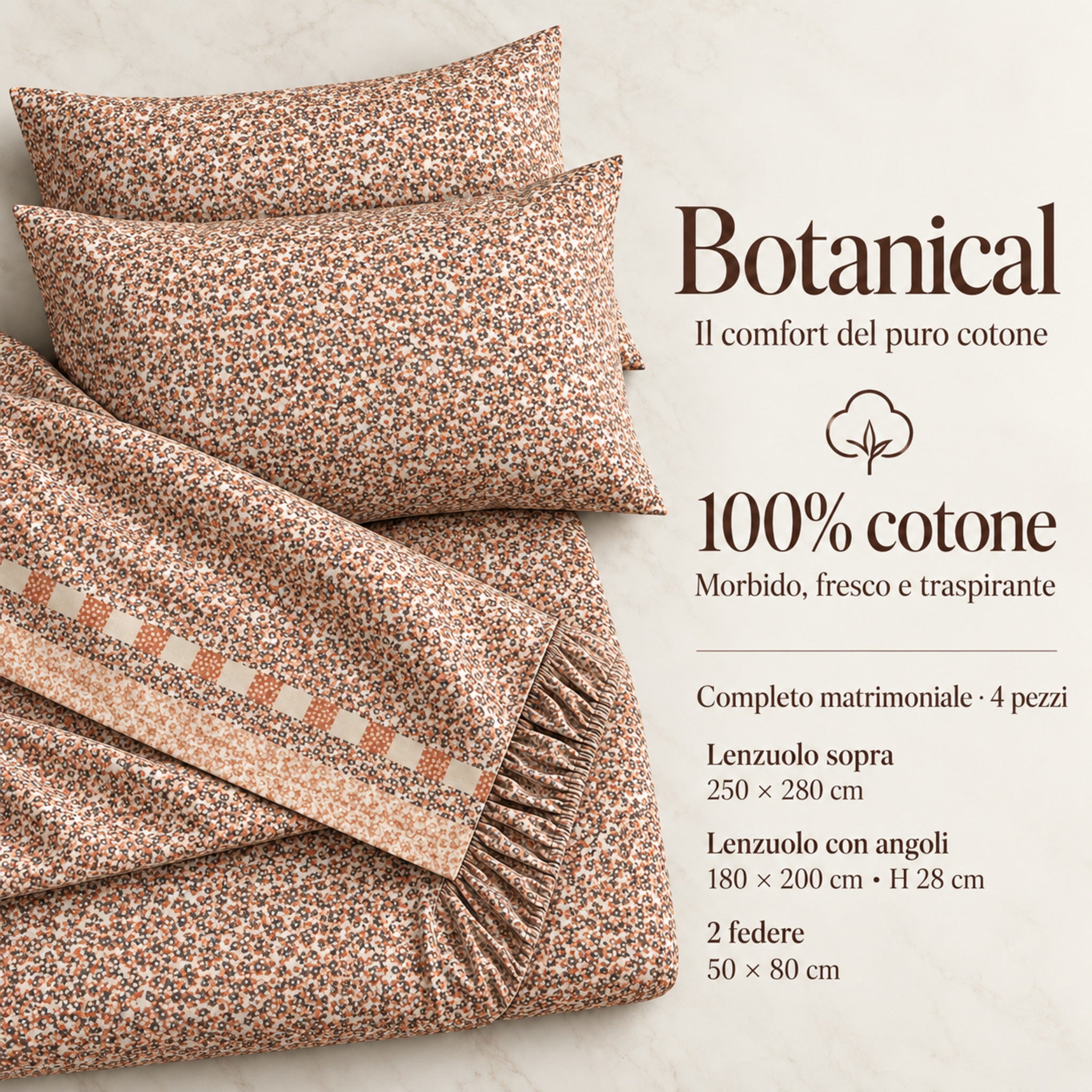 Infografica Caleffi Botanical Naturale con composizione in puro cotone e misure dei quattro pezzi del completo matrimoniale
