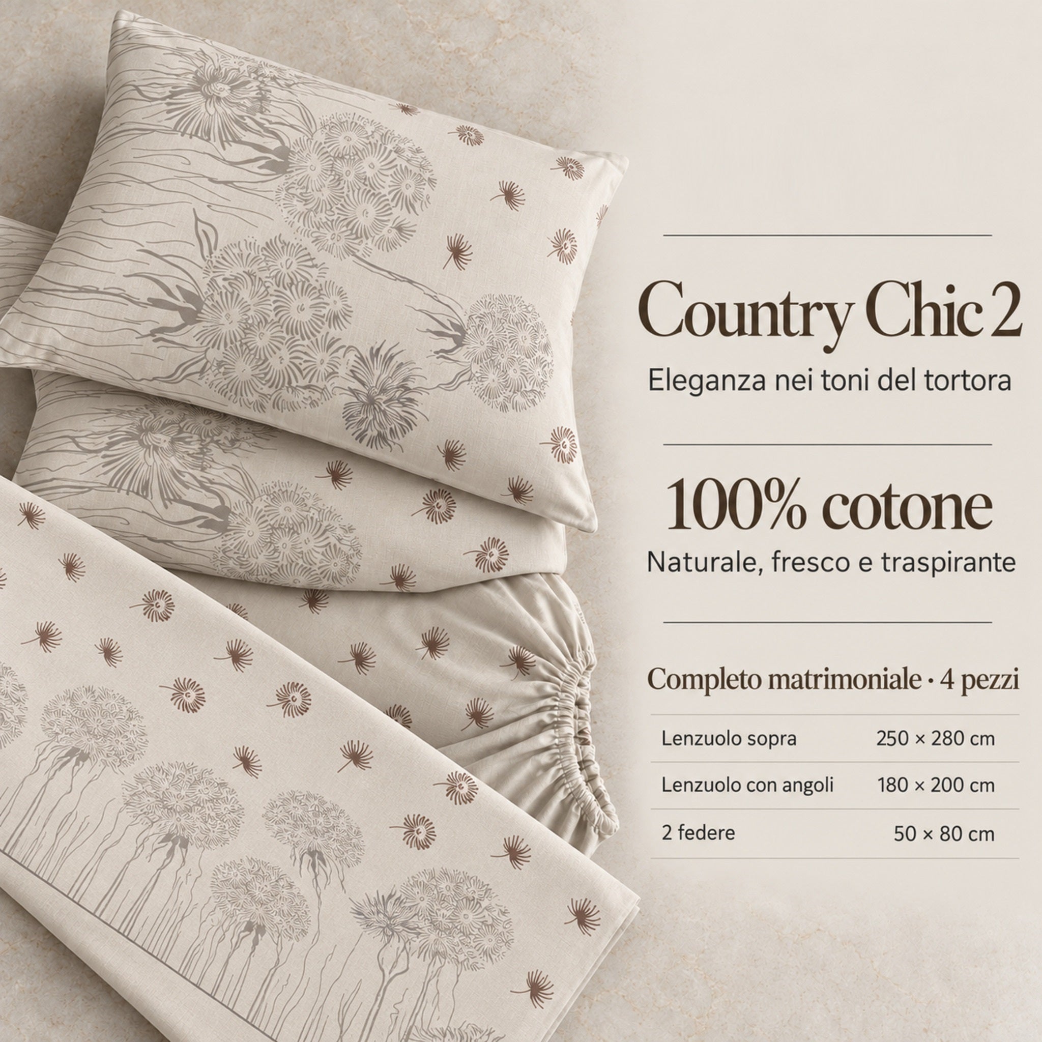 Infografica del completo Caleffi Country Chic 2 Tortora in 100% cotone, con misure delle lenzuola e delle due federe.