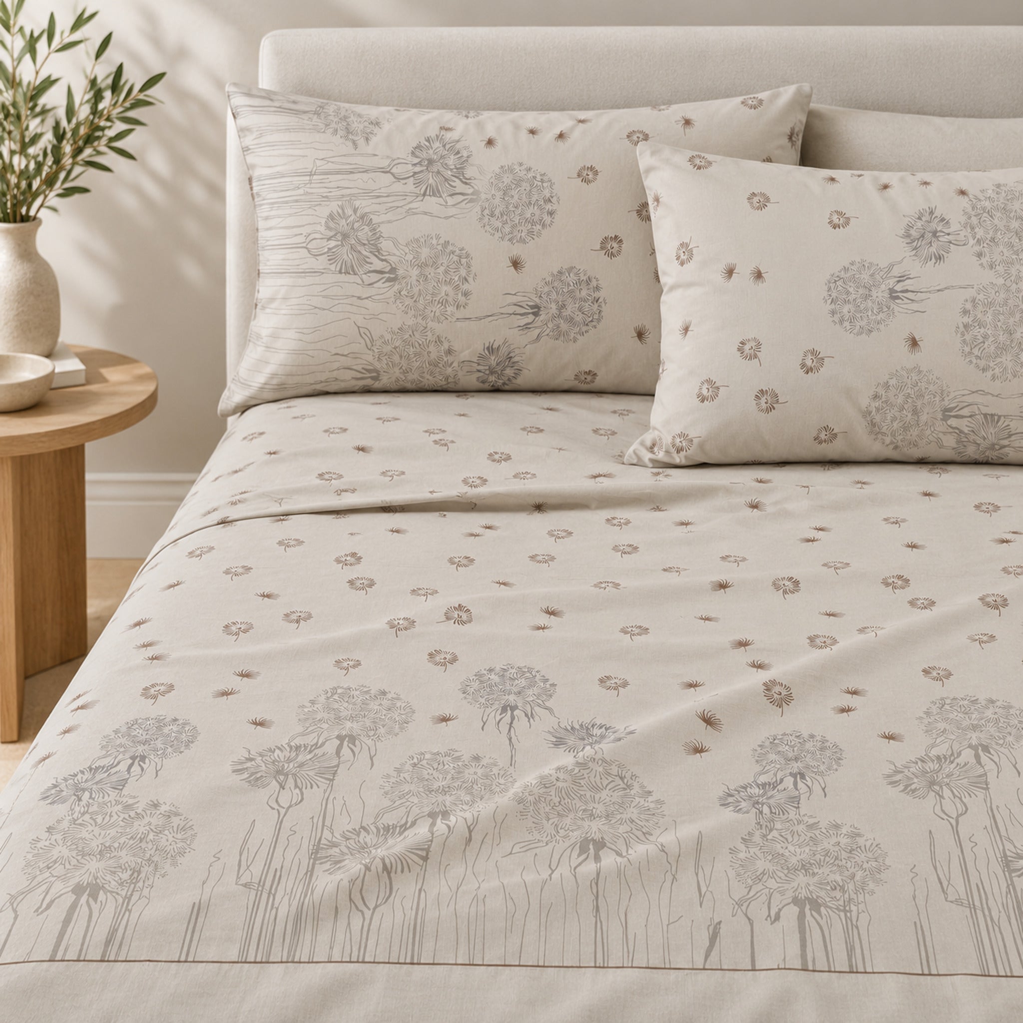 Lenzuola matrimoniali Caleffi Country Chic 2 Tortora sul letto, con federe coordinate e fantasia a soffioni su fondo chiaro.