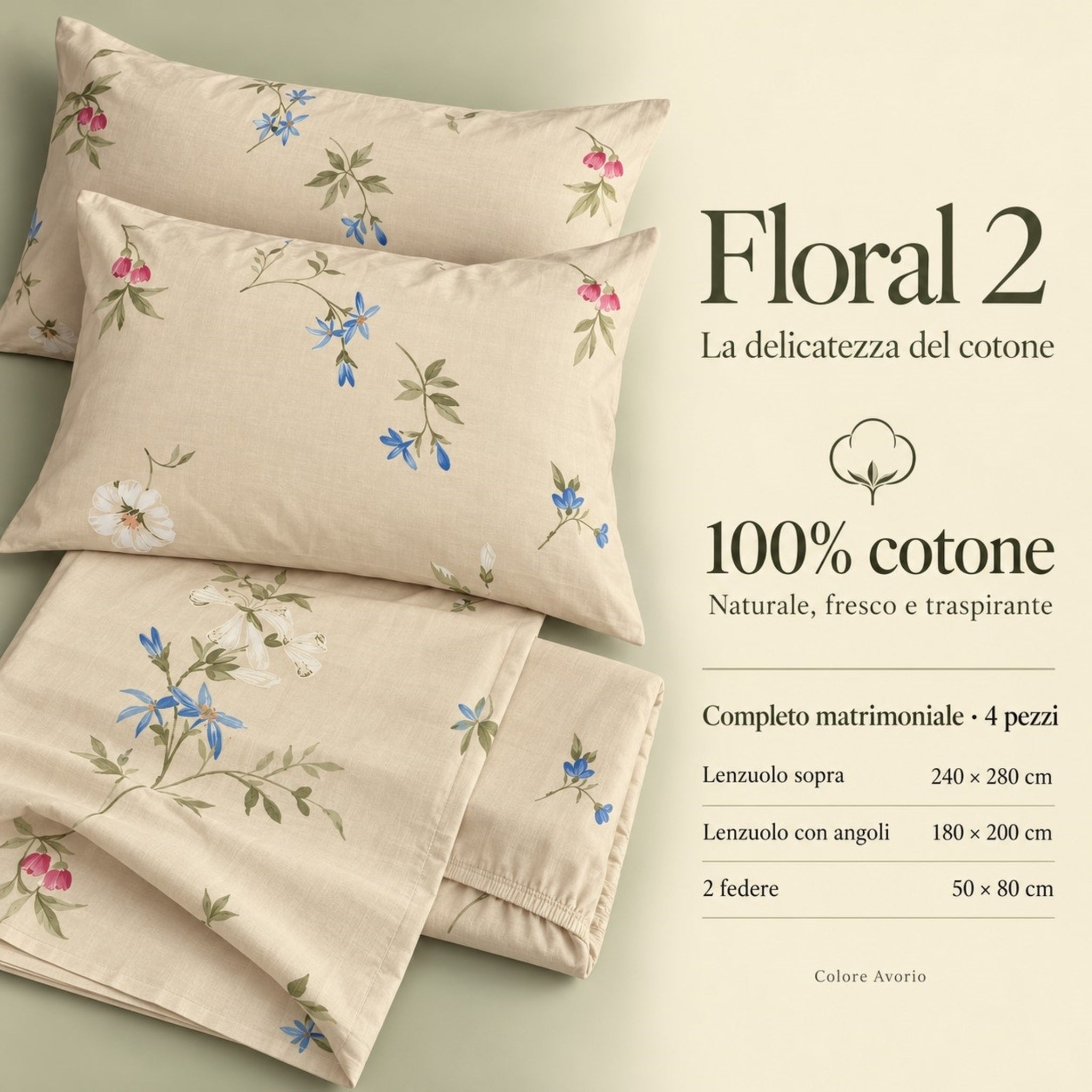 Infografica del completo Caleffi Floral 2 Avorio in 100% cotone, con misure di lenzuolo superiore, sotto con angoli e due federe.