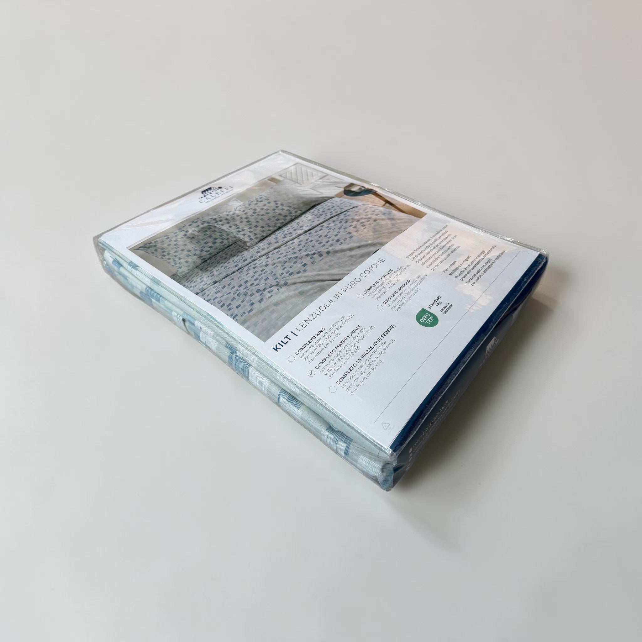 Confezione del completo lenzuola matrimoniale Caleffi Kilt Bluette con indicazione della certificazione OEKO-TEX