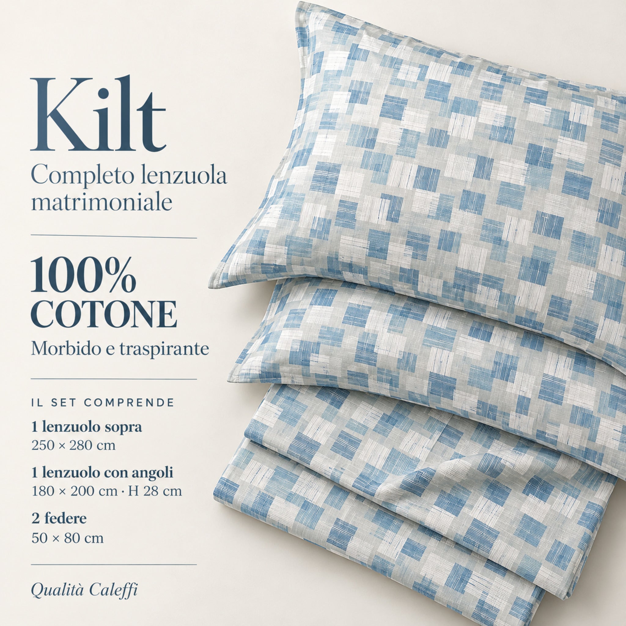 Infografica del completo Caleffi Kilt Bluette in puro cotone con contenuto del set e misure di lenzuola e federe