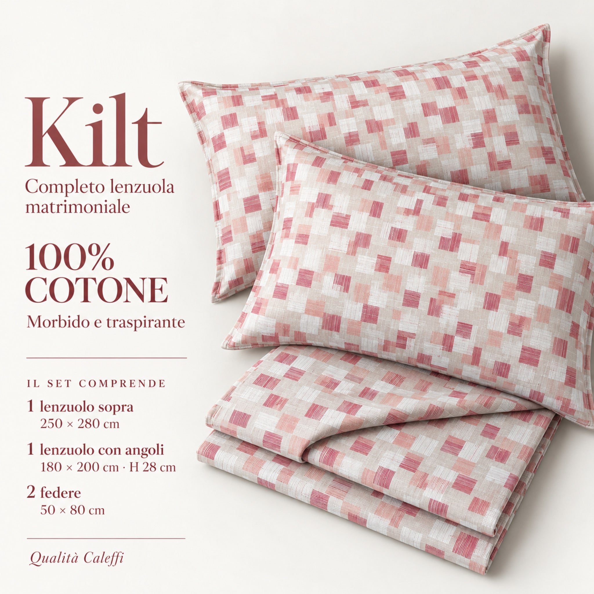 Infografica Caleffi Kilt Corallo con composizione in puro cotone e misure dei quattro pezzi del completo matrimoniale