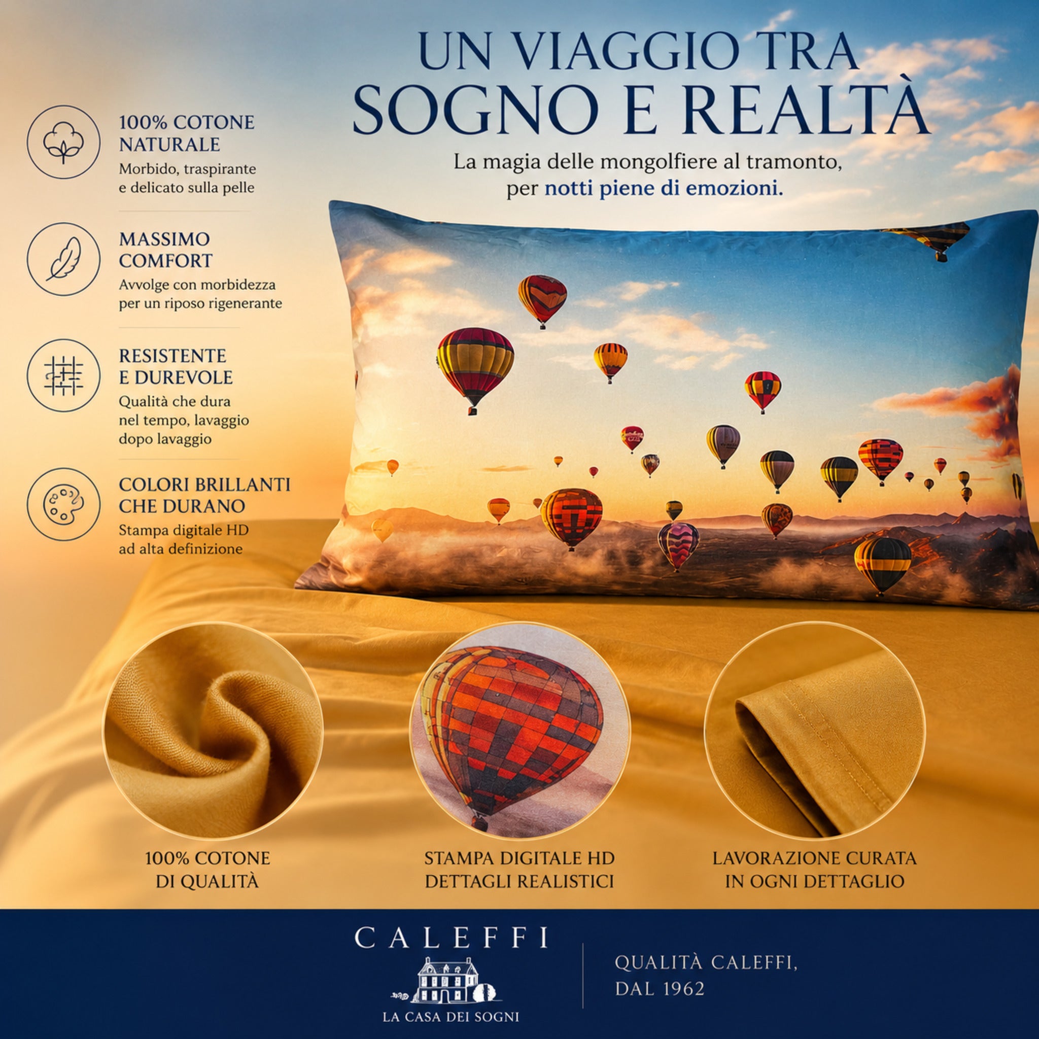 Dettagli del completo lenzuola Caleffi Mongolfiere in puro cotone con stampa digitale HD e colori brillanti