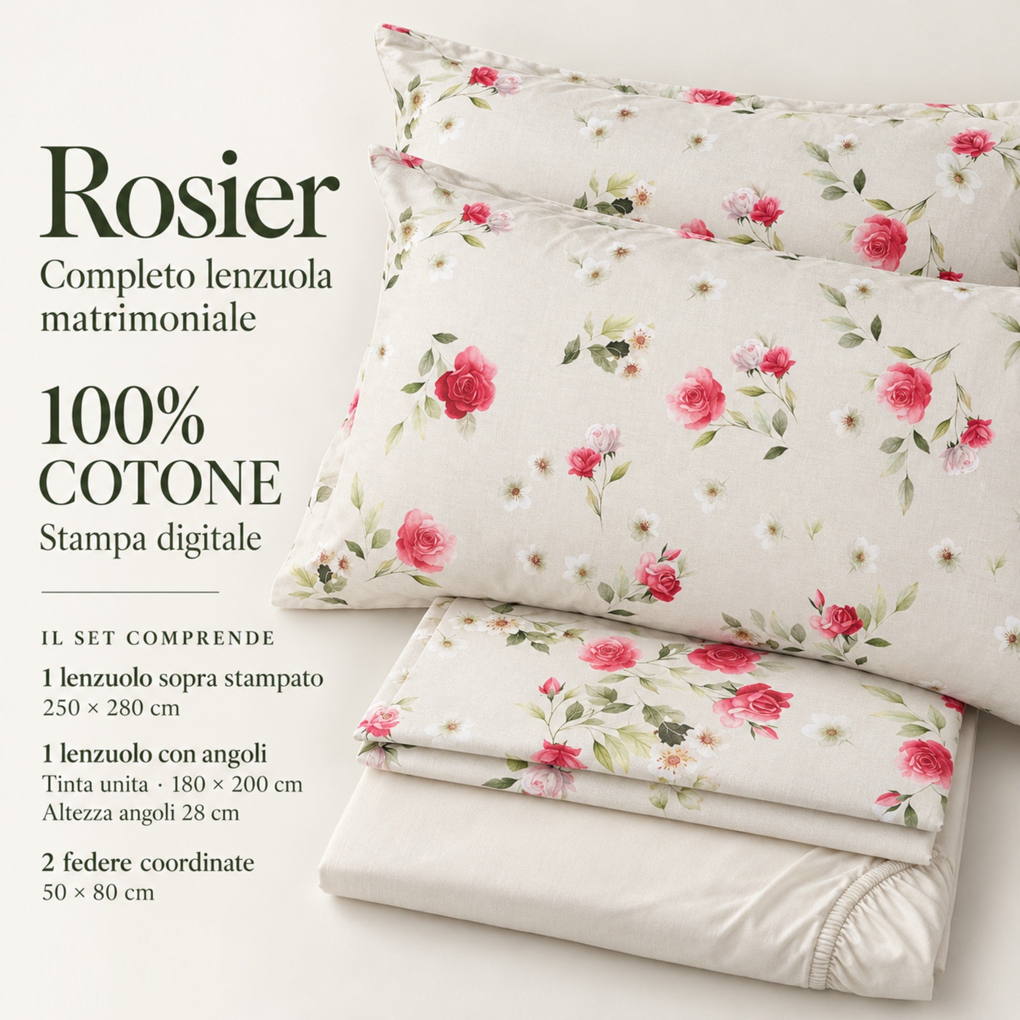 Infografica Caleffi Rosier in 100% cotone con stampa digitale e misure di lenzuolo superiore, sotto con angoli e federe