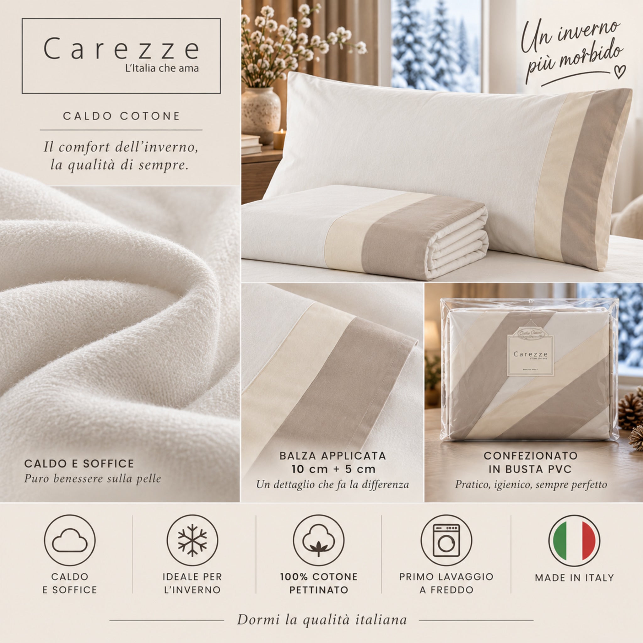Completo Carezze Avorio in caldo cotone 100% pettinato con doppia balza applicata e confezione PVC