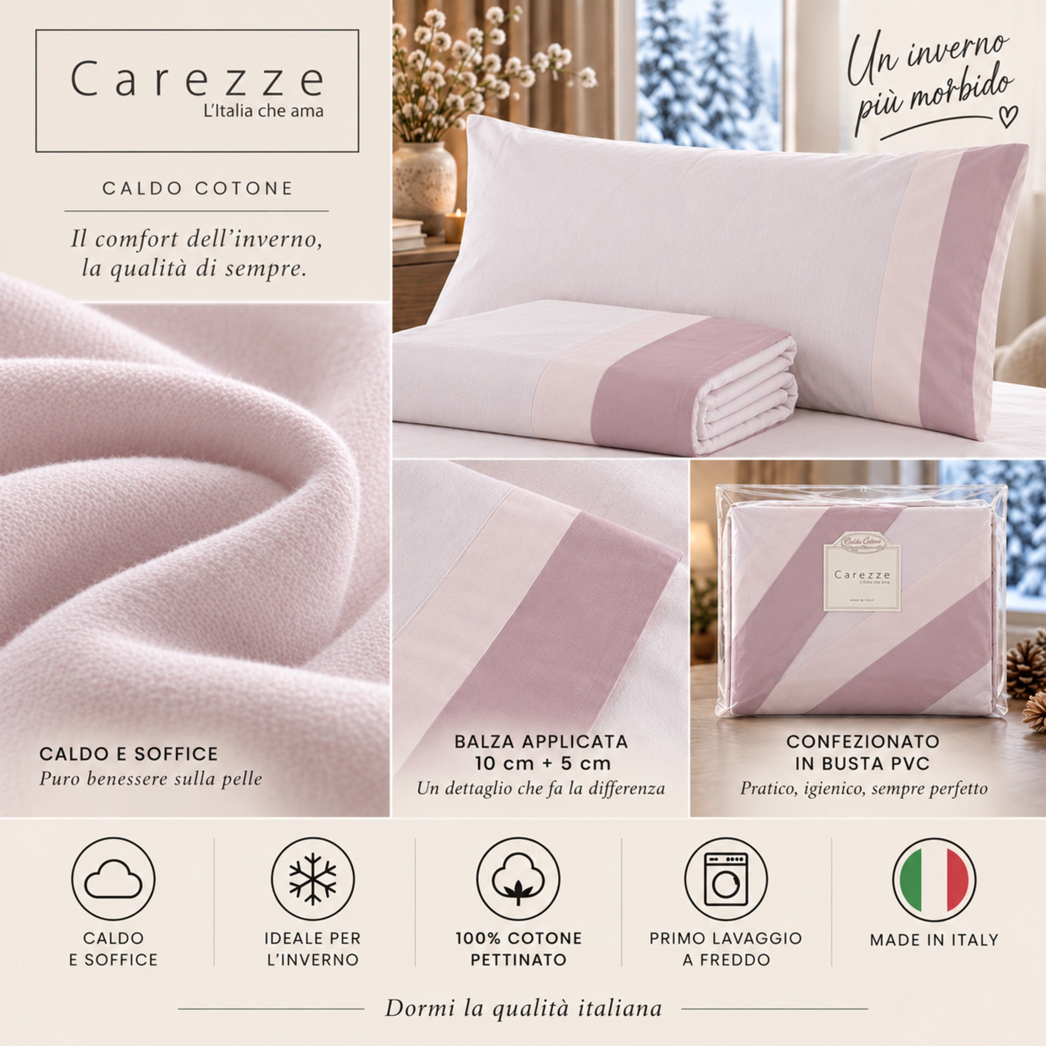 Lenzuola Carezze Cipria in caldo cotone 100% pettinato con balza 5 e 10 cm