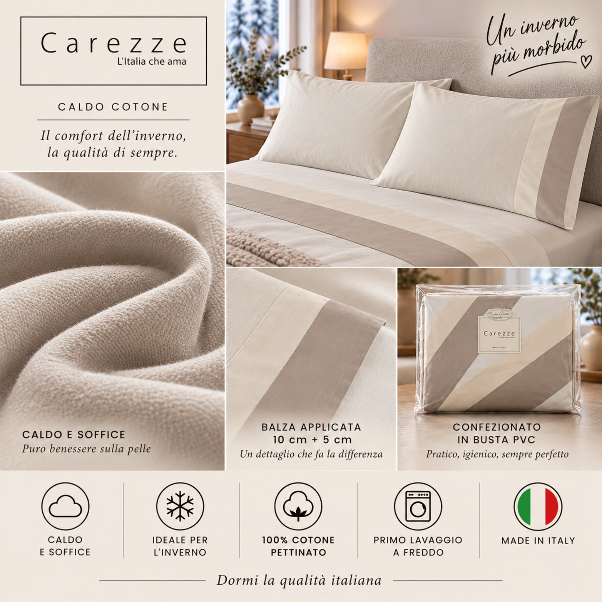 Completo Carezze Ecru caldo e soffice con doppia balza e confezione in busta PVC