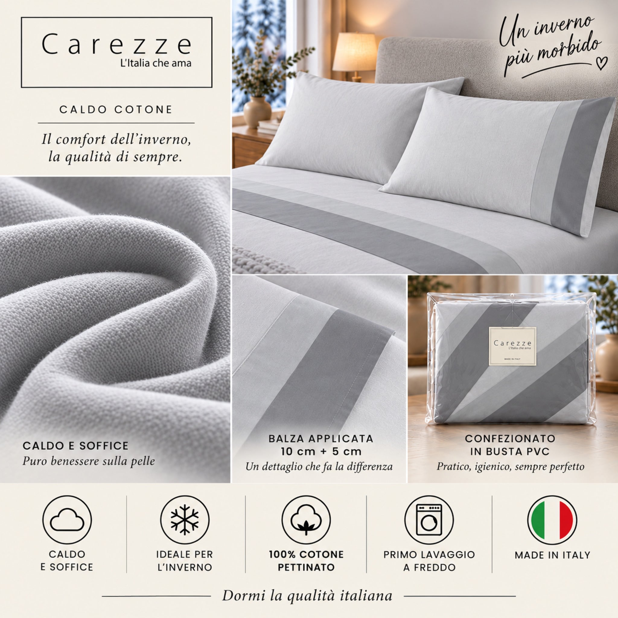 Lenzuola Carezze Grigio in caldo cotone pettinato con doppia balza applicata