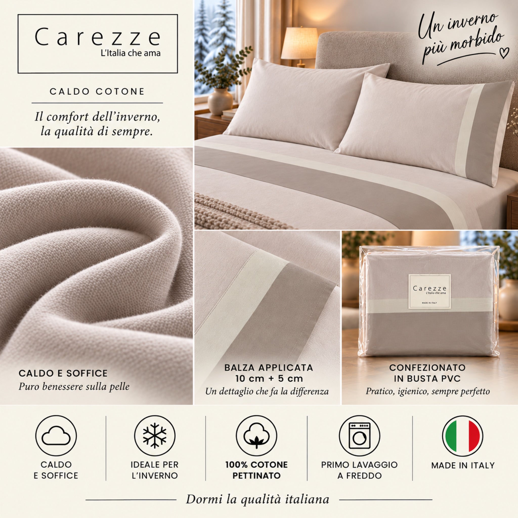 Completo Carezze Sabbia in caldo cotone 100% pettinato con doppia balza applicata