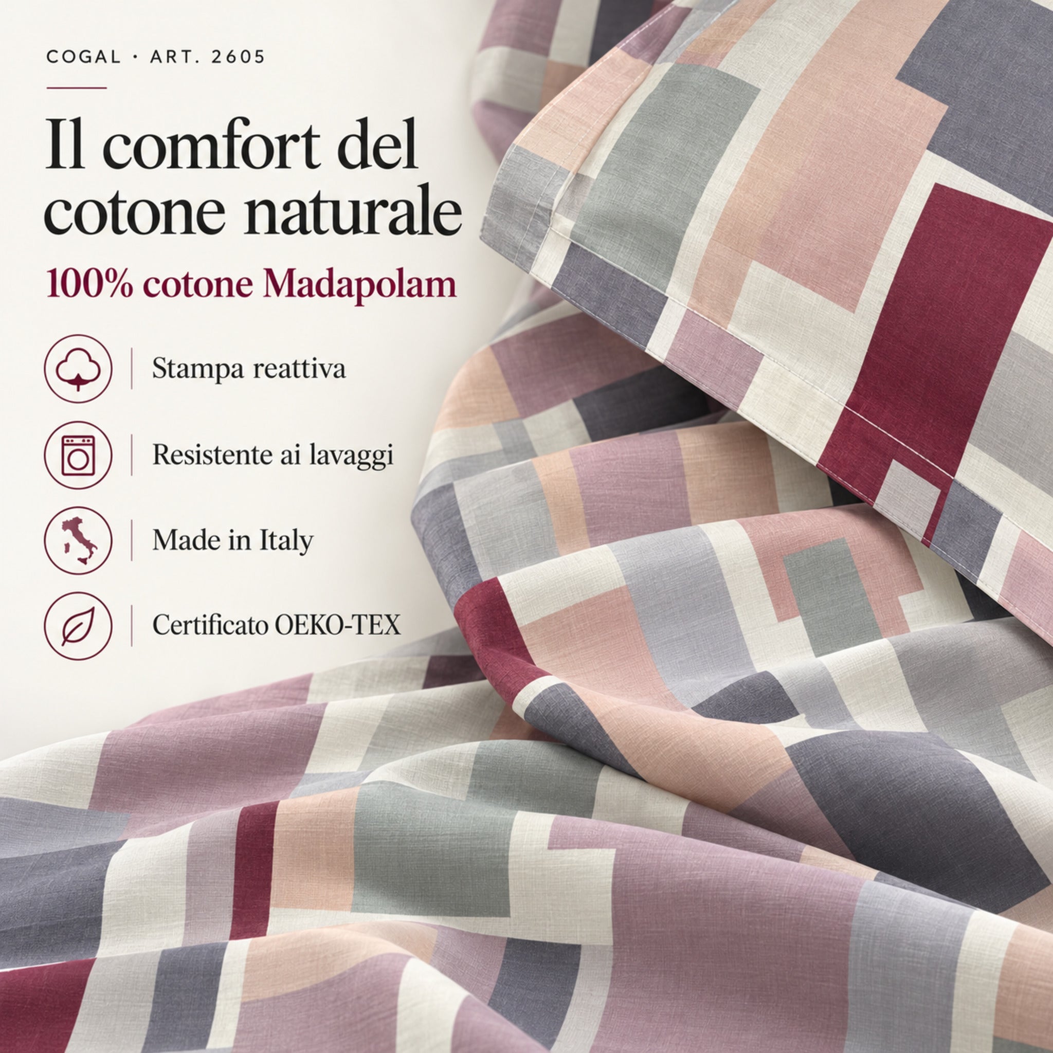Infografica delle lenzuola Cogal 2605 Malva con dettaglio del cotone Madapolam e indicazioni su stampa reattiva, Made in Italy e OEKO-TEX.