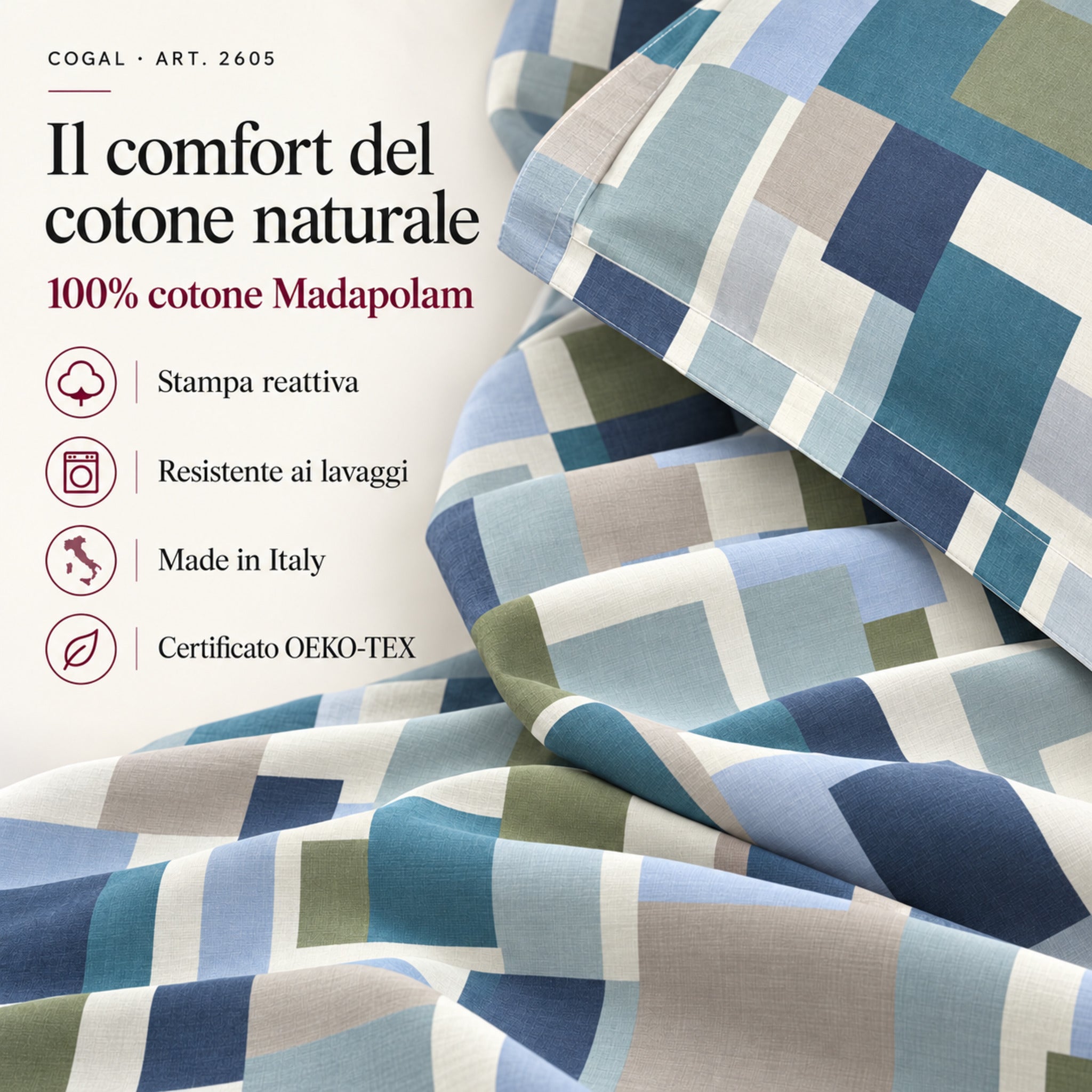 Infografica Cogal 2605 Metal Blue con primo piano della fantasia geometrica e caratteristiche del tessuto in 100% cotone Madapolam.