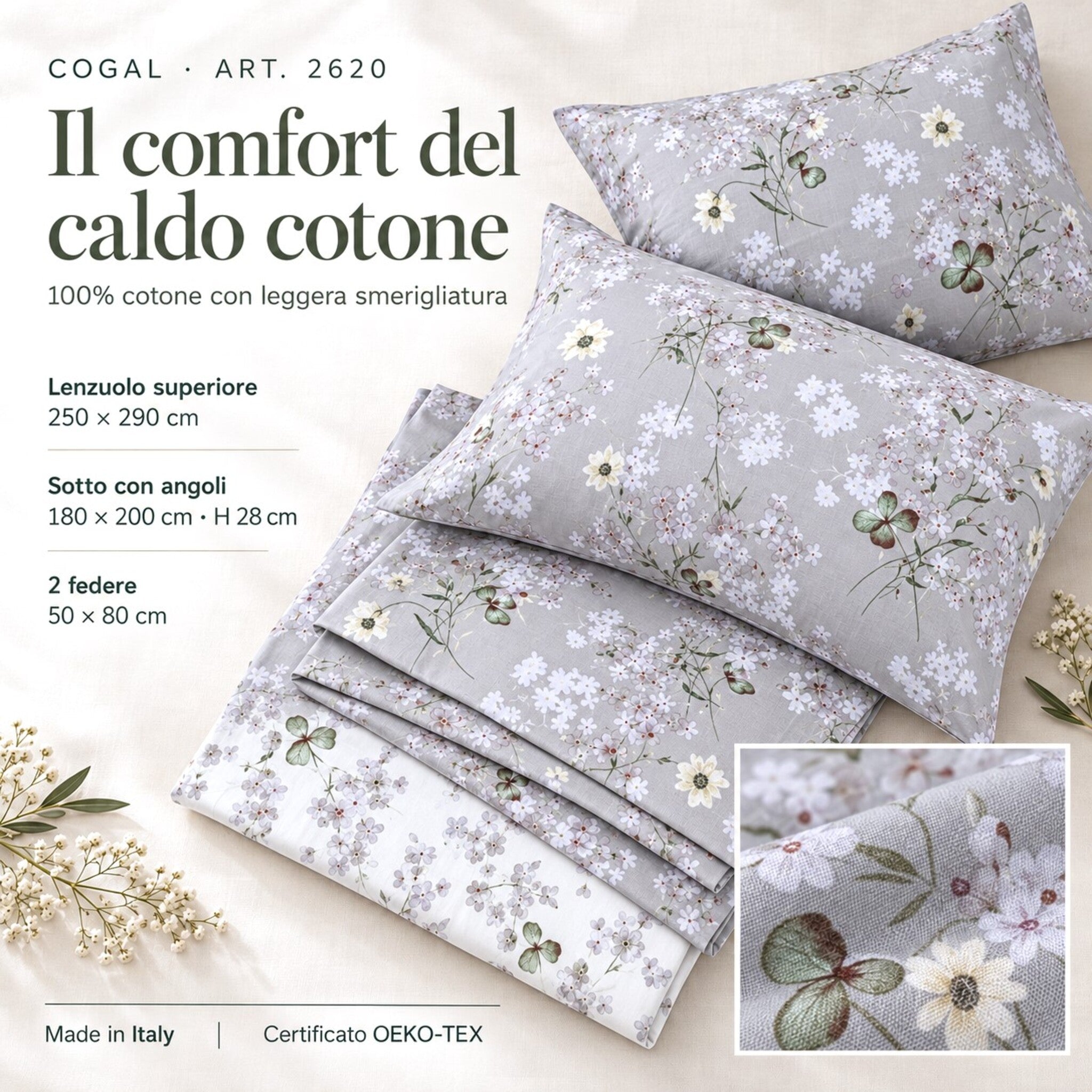 Infografica Cogal 2620 Silver Grey con lenzuola floreali, ingrandimento della stampa e indicazioni su misure e produzione italiana.