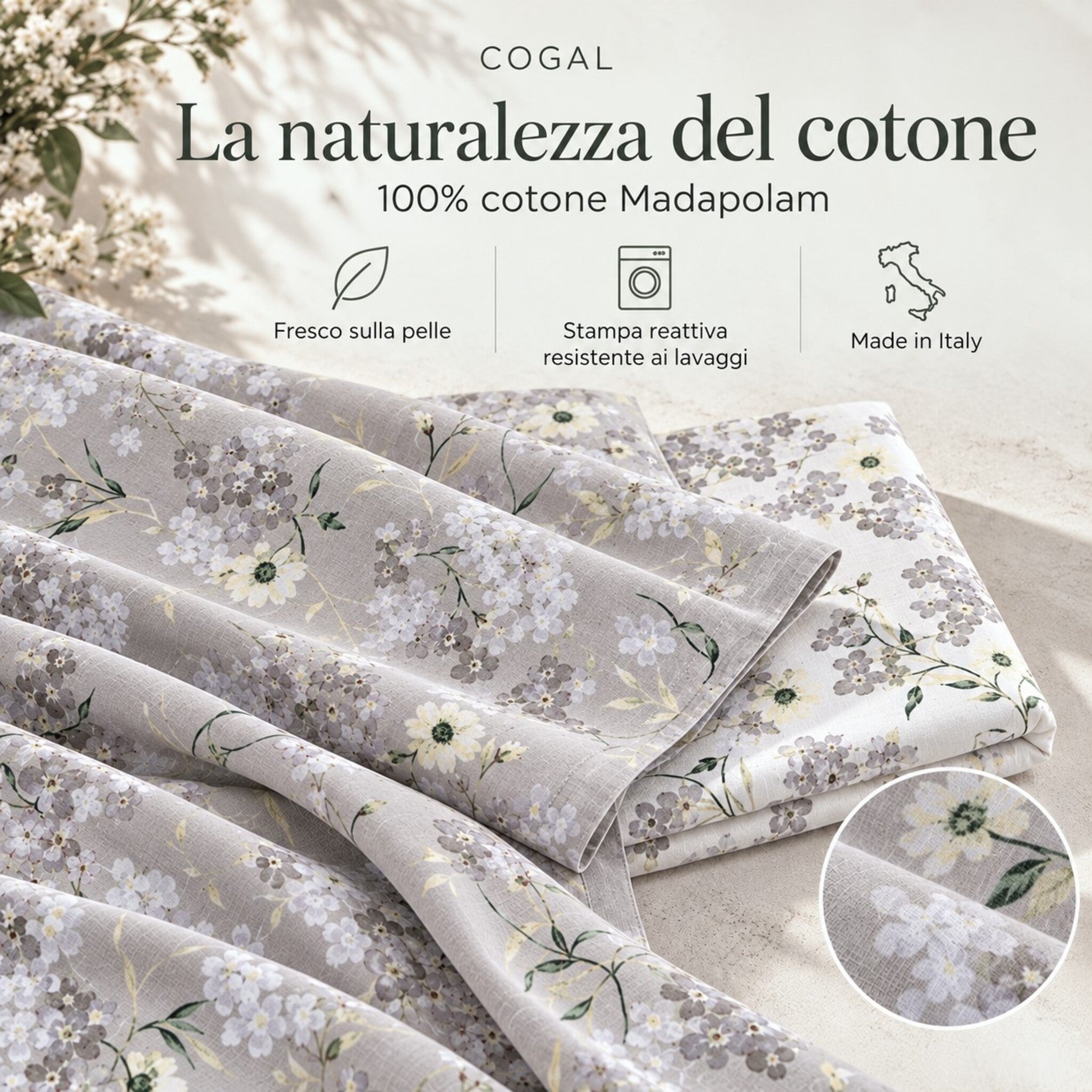 Dettaglio dei tessuti floreali Silver Grey e Bianco del completo Cogal 2620, con informazioni su cotone Madapolam e produzione italiana.