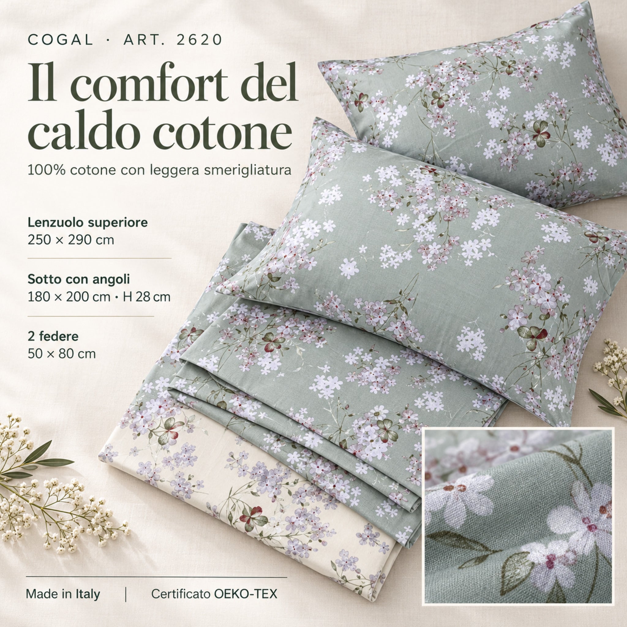 Infografica Cogal 2620 Verde con completo floreale, dettaglio del tessuto e misure di lenzuola e federe.