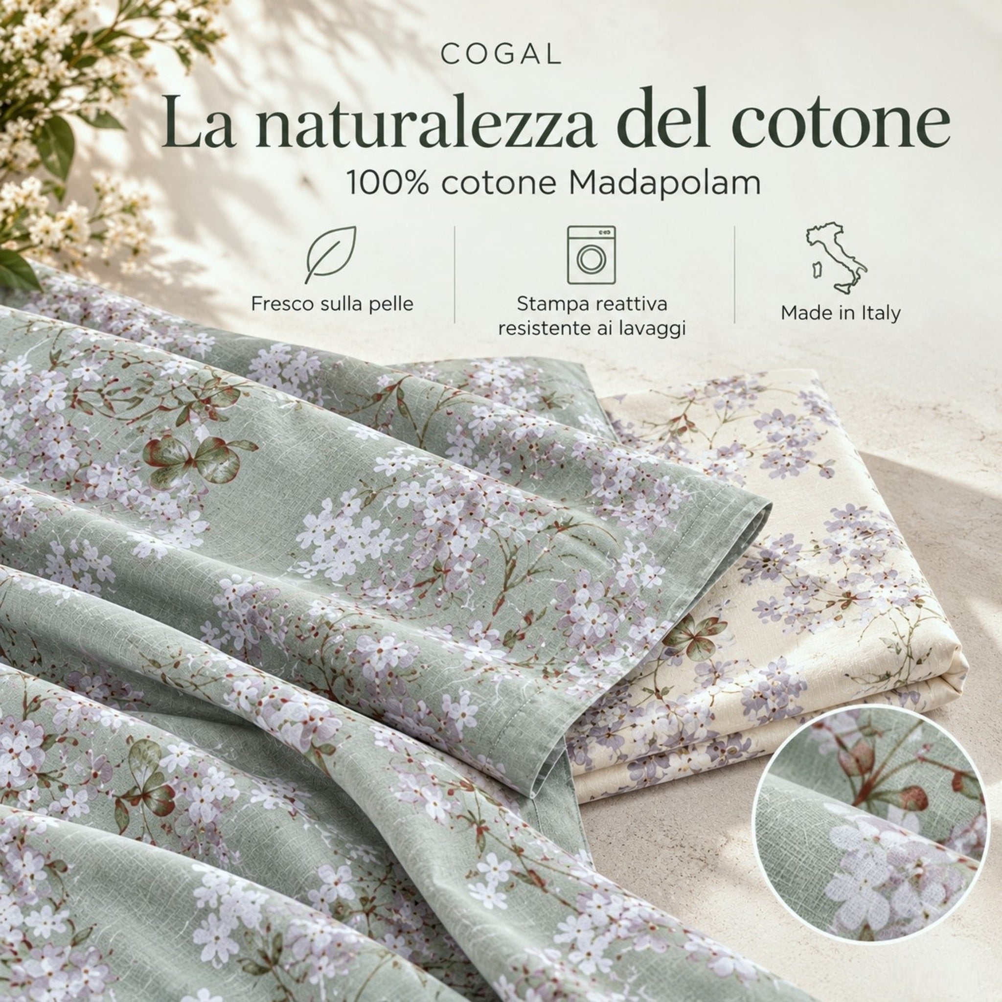 Infografica del completo Cogal 2620 Verde/Avorio con dettaglio floreale, cotone Madapolam e indicazioni sulla stampa reattiva.