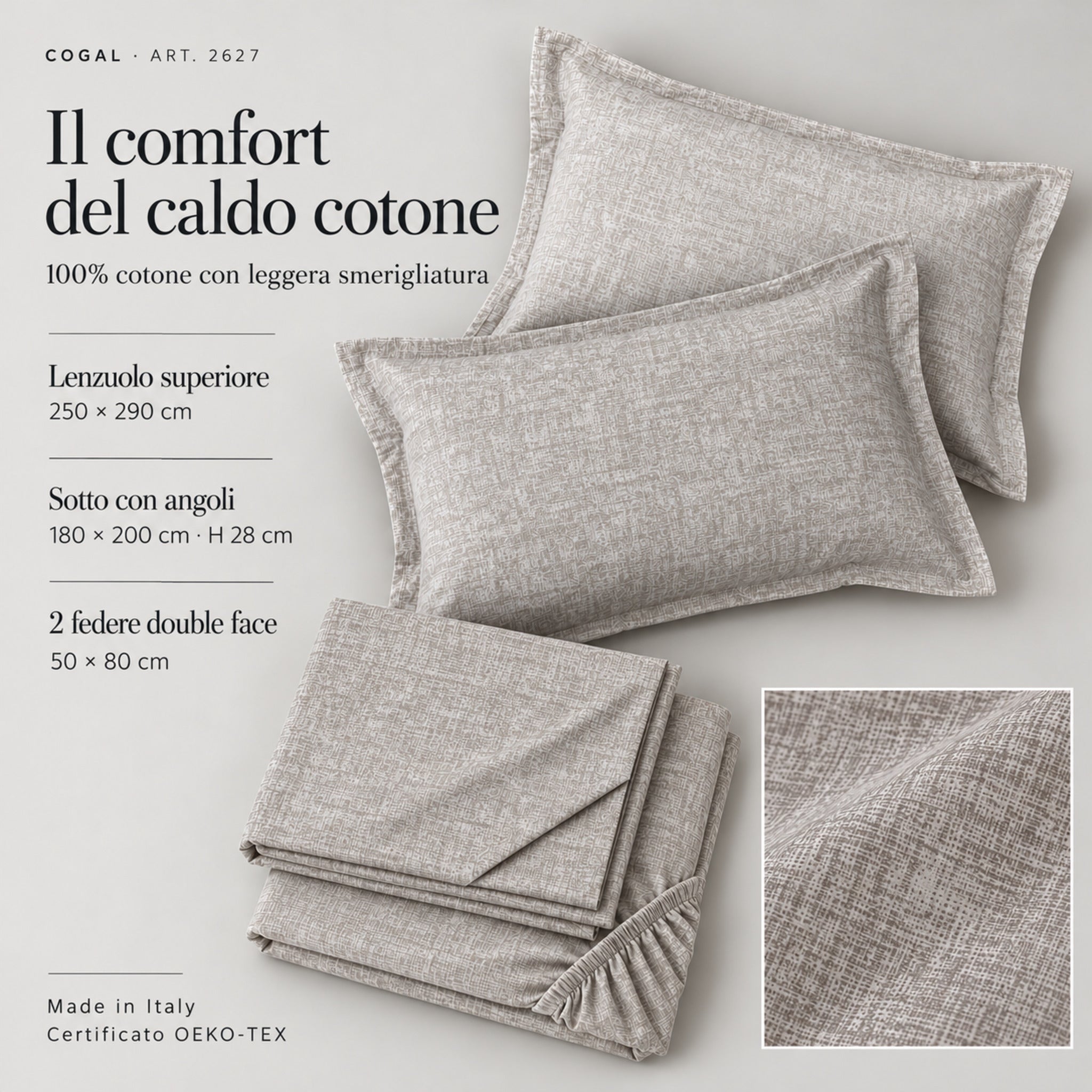 Infografica Cogal 2627 Lino con due federe double-face, dettaglio della stampa e misure del completo matrimoniale.