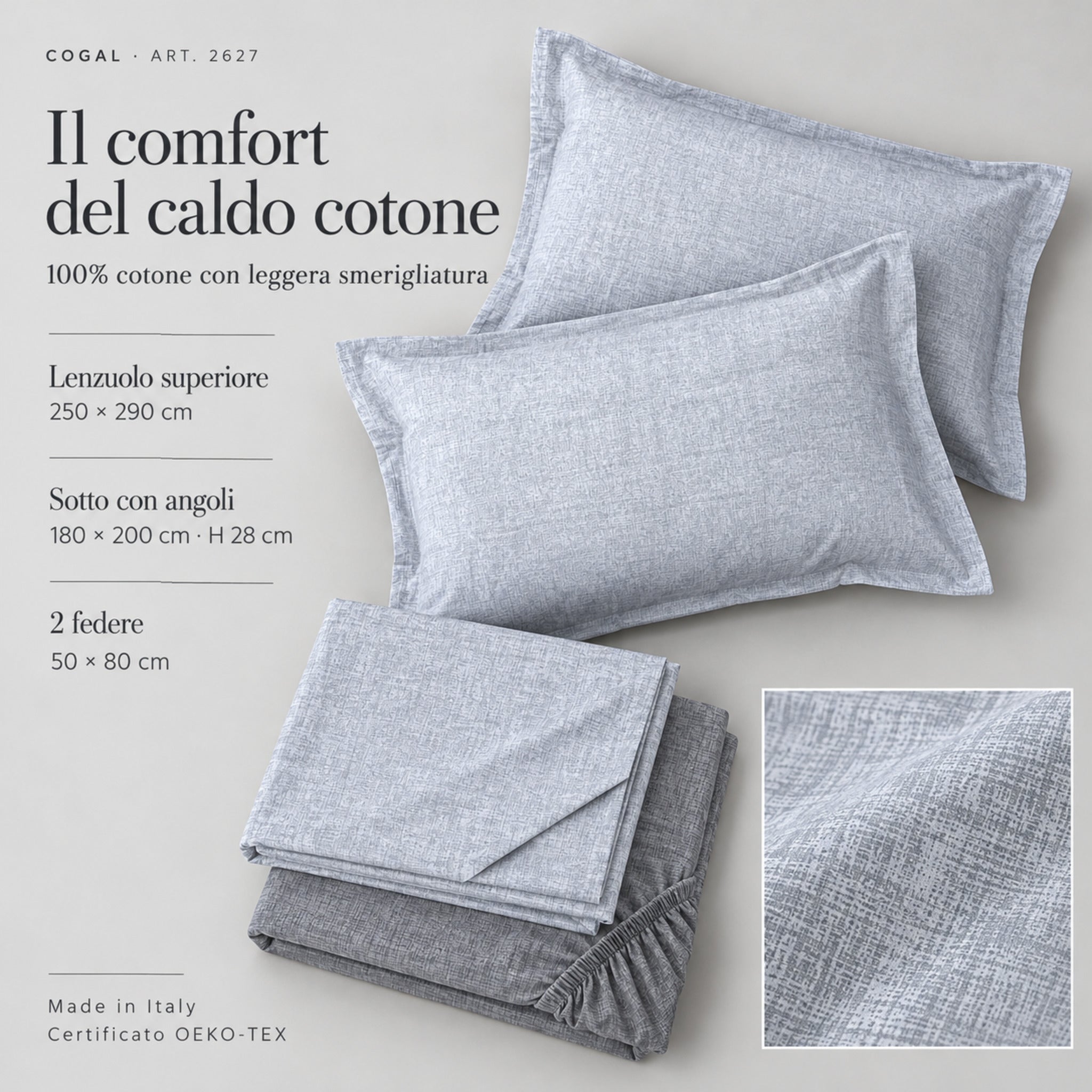 Infografica Cogal 2627 Silver Grey con lenzuola ripiegate, dettaglio della microfantasia e misure di lenzuola e federe.