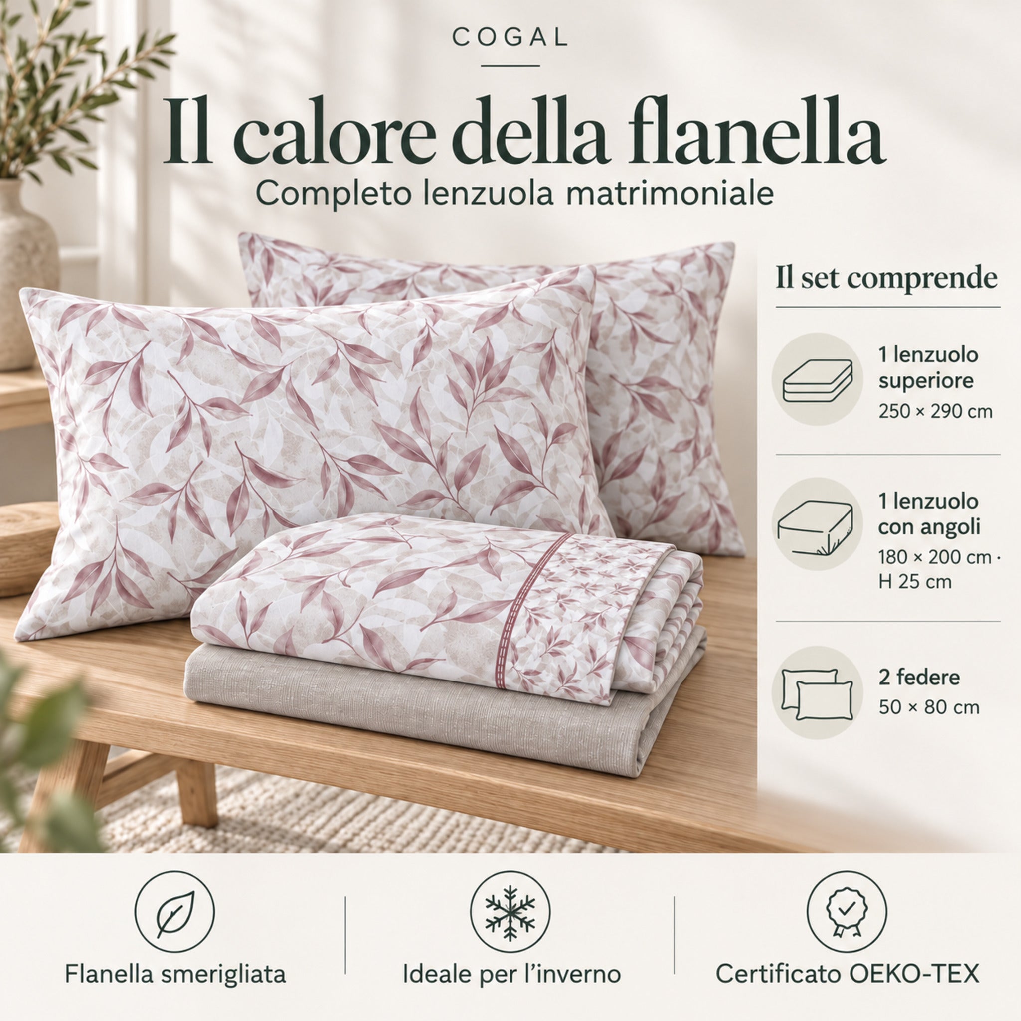 Infografica Cogal 2656 Malva con federe a foglie, lenzuola ripiegate e indicazioni su flanella, misure e certificazione OEKO-TEX.