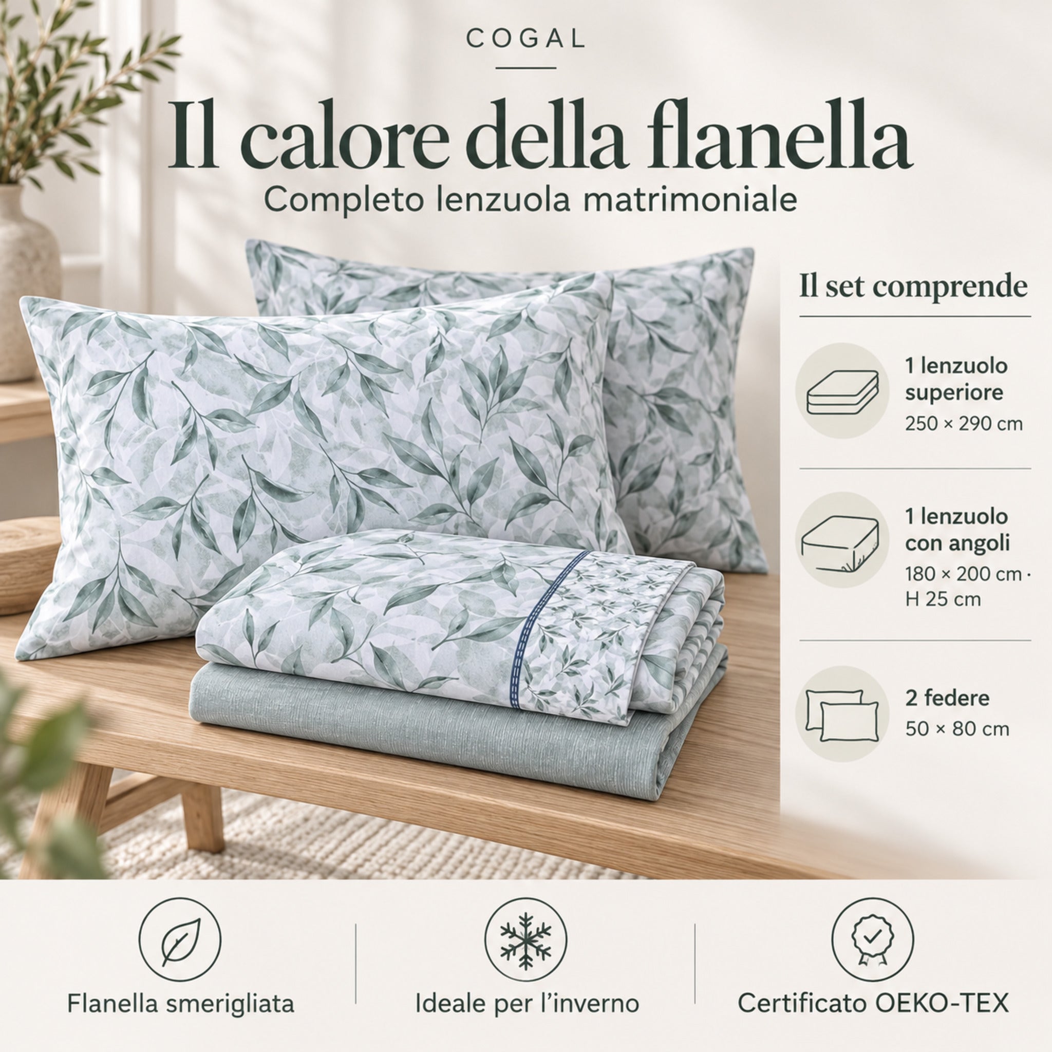Infografica Cogal 2656 Verde con completo ripiegato, fantasia a foglie e misure dei due lenzuoli e delle due federe.