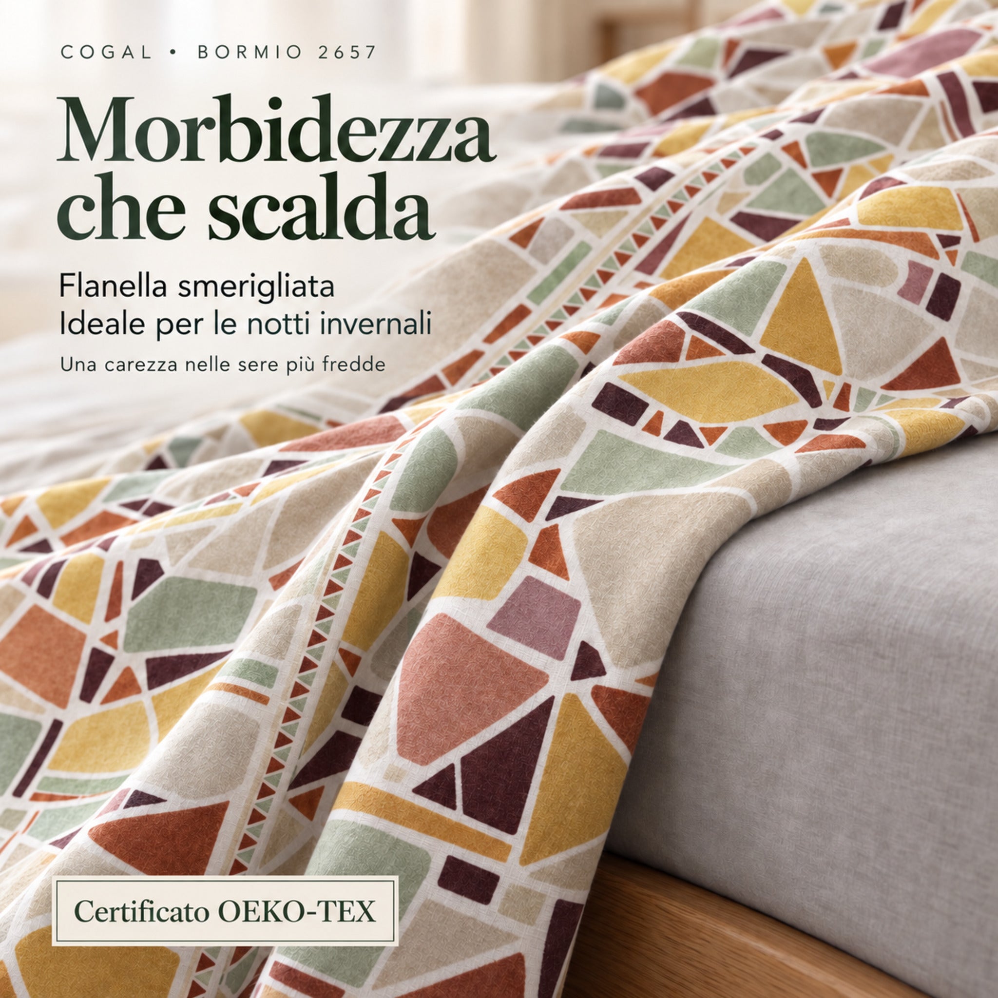 Dettaglio delle lenzuola Cogal 2657 Multicolor in flanella smerigliata, con infografica sul comfort invernale e certificazione OEKO-TEX.
