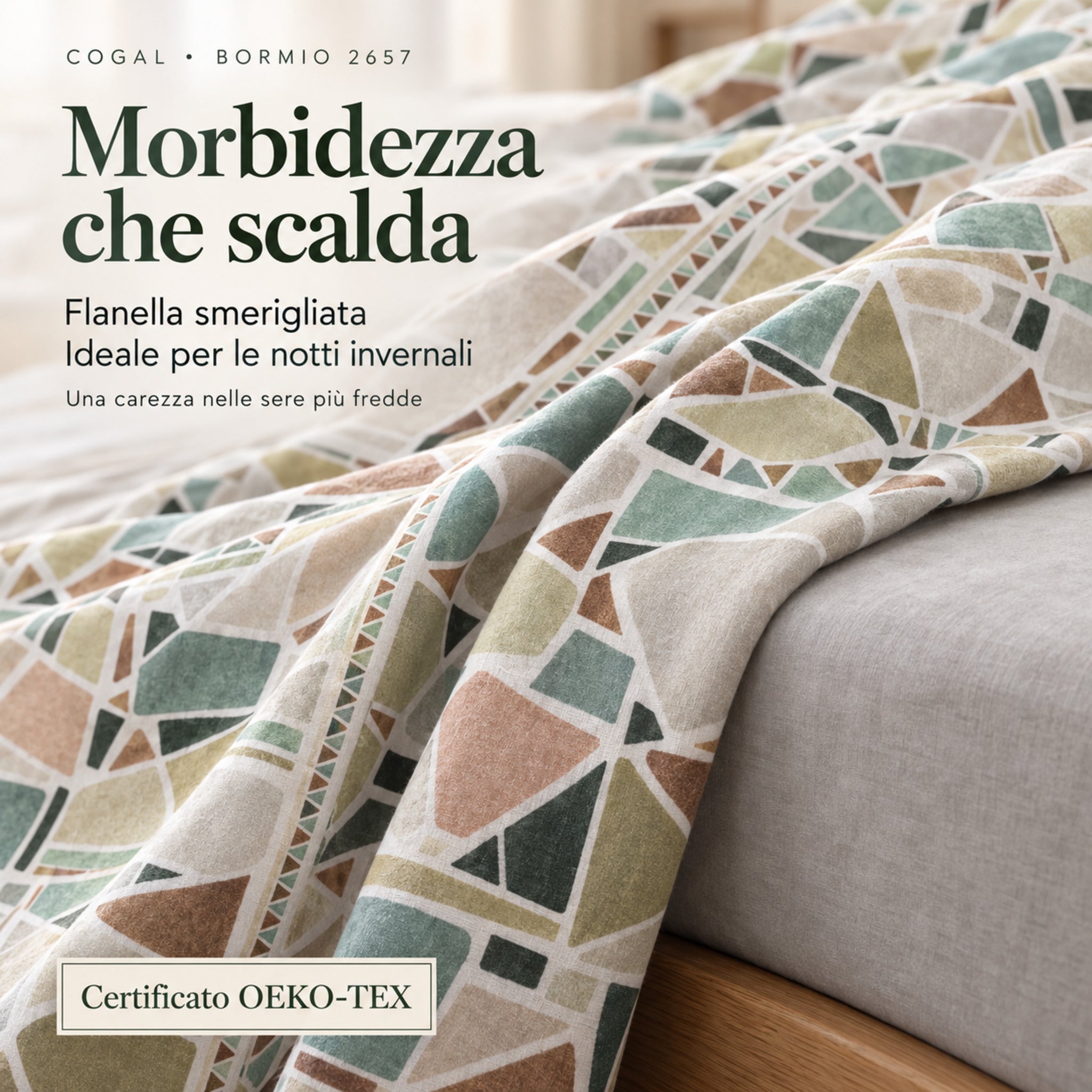 Dettaglio delle lenzuola Cogal 2657 Verde in flanella smerigliata, con infografica sulla morbidezza e sul comfort nelle notti invernali.