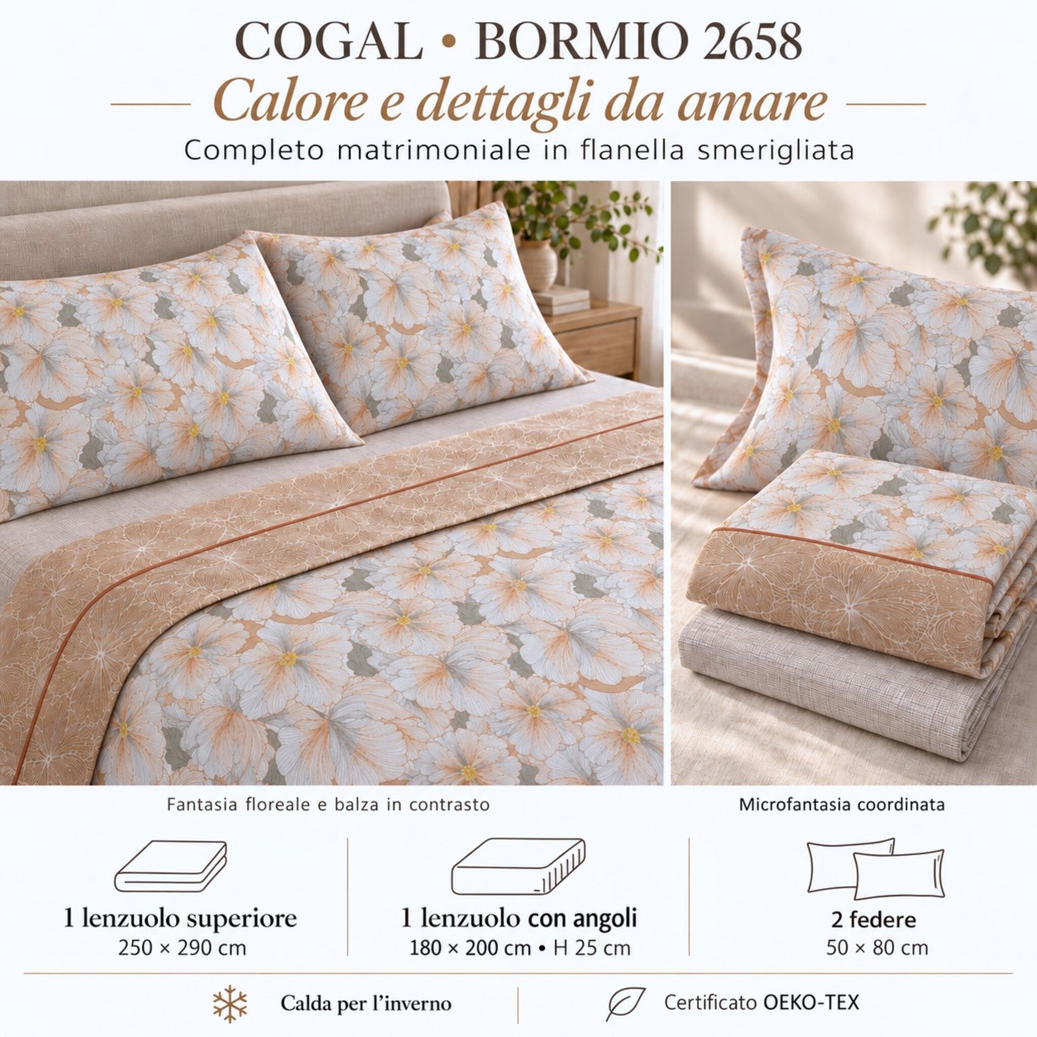 Infografica Cogal 2658 Albicocca con fantasia floreale, balza in contrasto e misure di lenzuolo superiore, inferiore e due federe.
