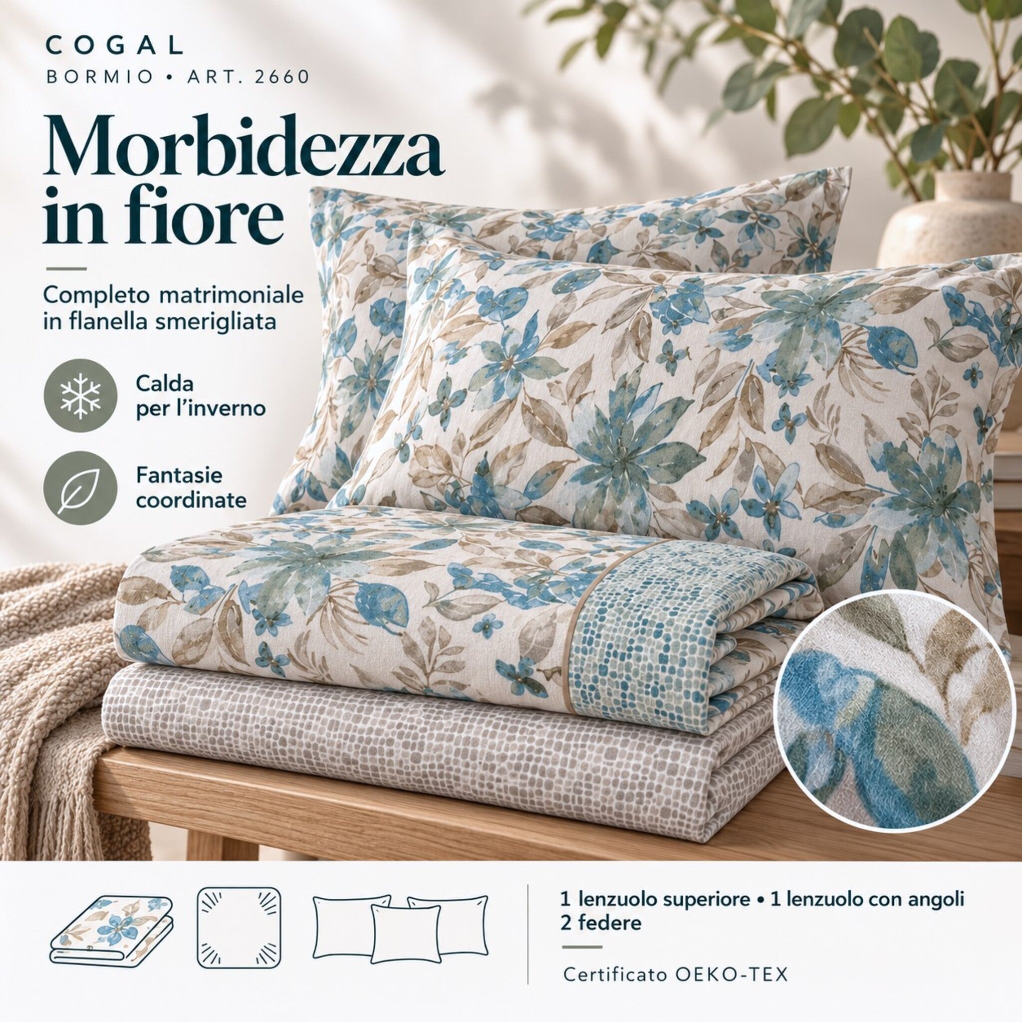 Infografica del completo matrimoniale Cogal 2660 Acqua con fantasia floreale, dettaglio del tessuto e contenuto del set.