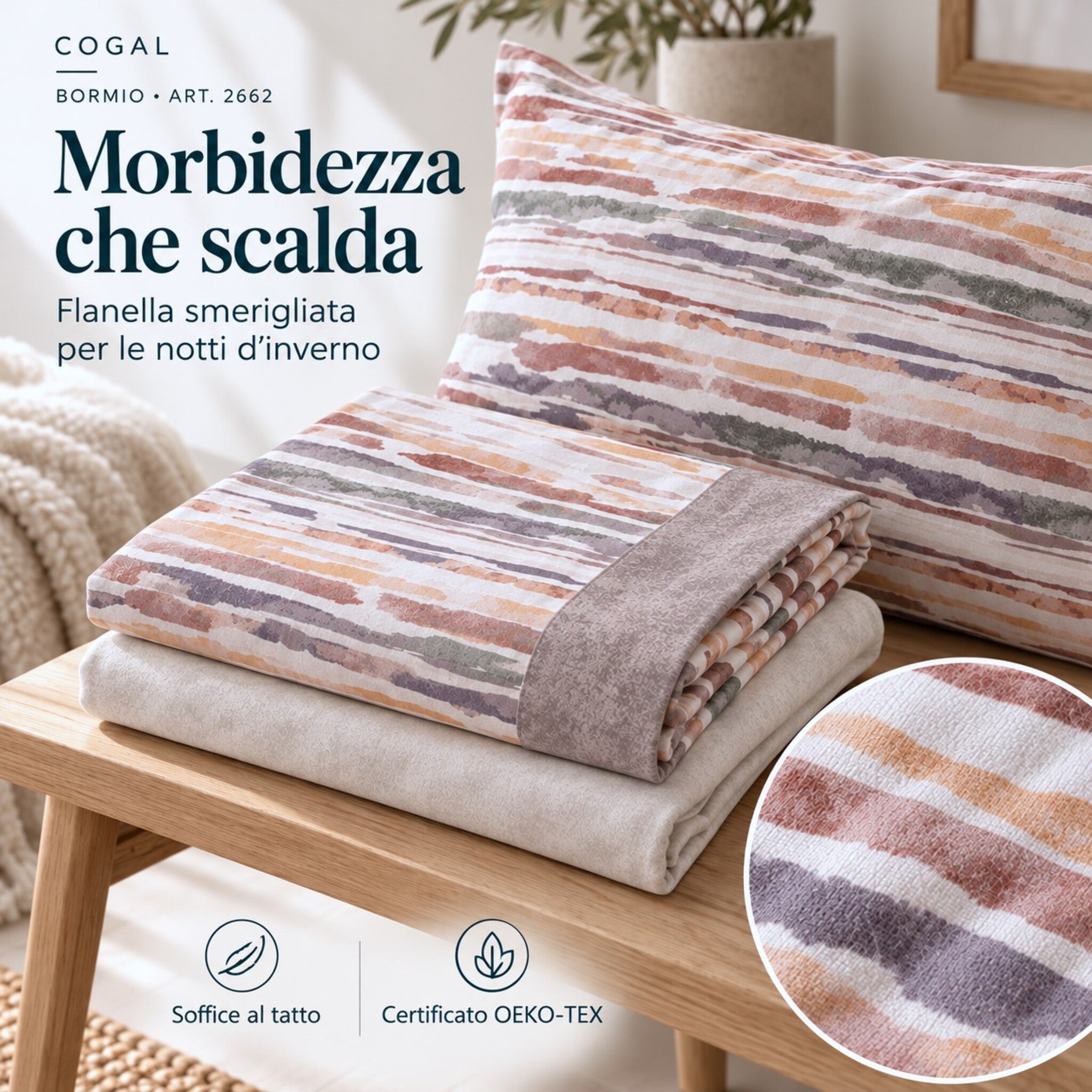 Completo Cogal 2662 Lino ripiegato con federa coordinata e ingrandimento della fantasia a righe sulla flanella smerigliata.