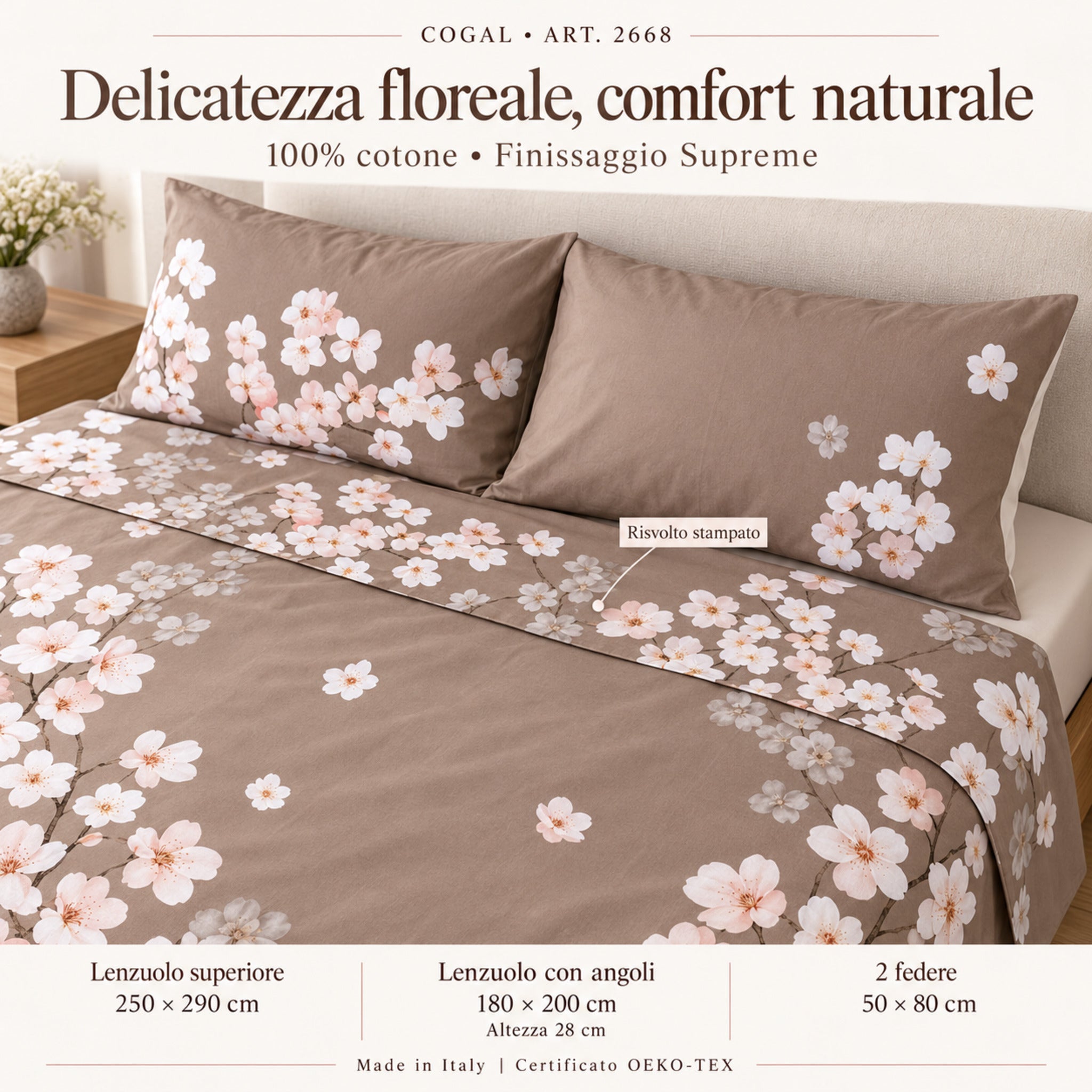Infografica Cogal 2668 con risvolto floreale stampato, misure del completo, cotone e finissaggio Supreme