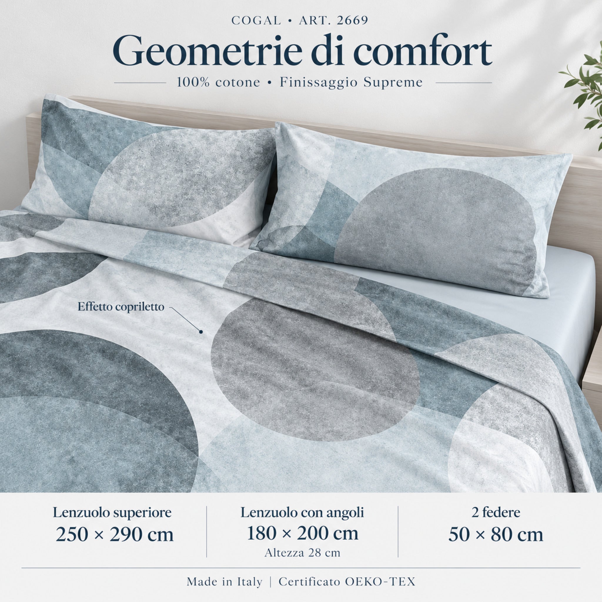 Infografica Cogal 2669 con effetto copriletto, misure del completo, cotone, finissaggio Supreme e certificazione OEKO-TEX